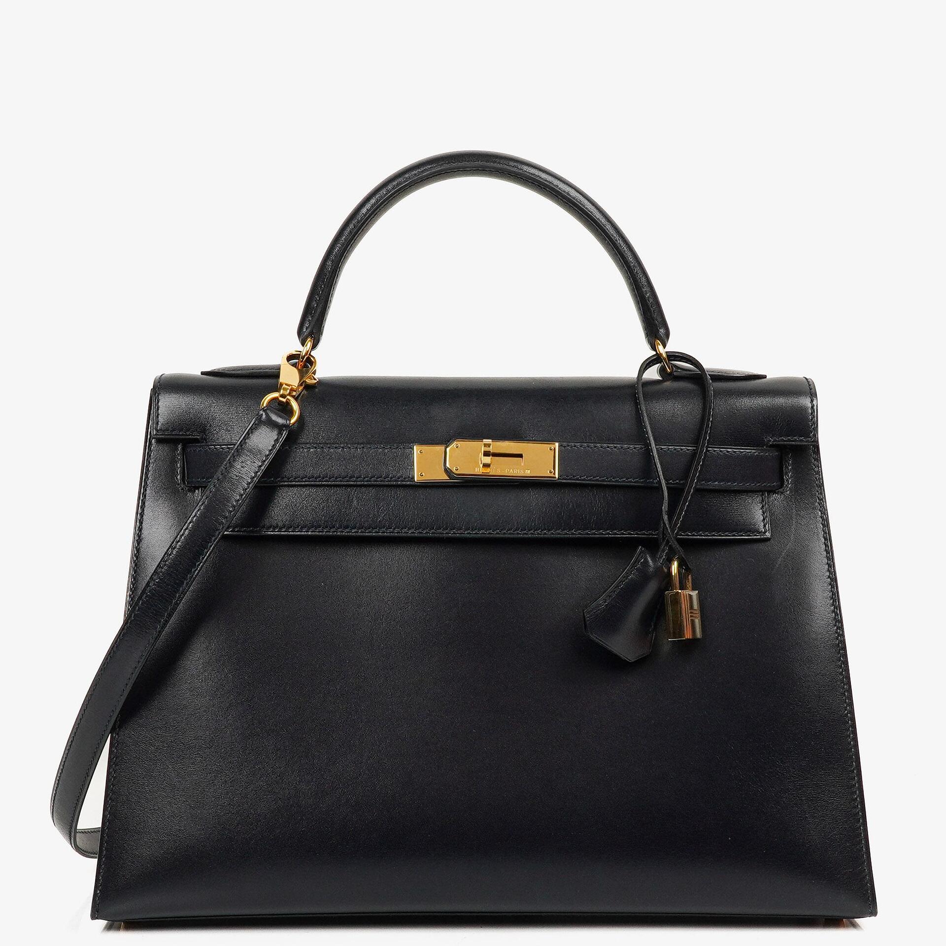 Hermes Kelly 32 Sellier Vintage Bleu Marine Box Calf With Gold Hardware, 1995