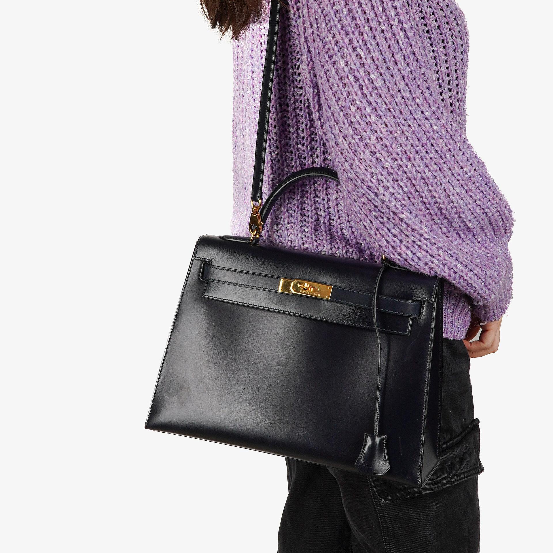 Hermes Kelly 32 Sellier Vintage Bleu Marine Box Calf With Gold Hardware, 1995