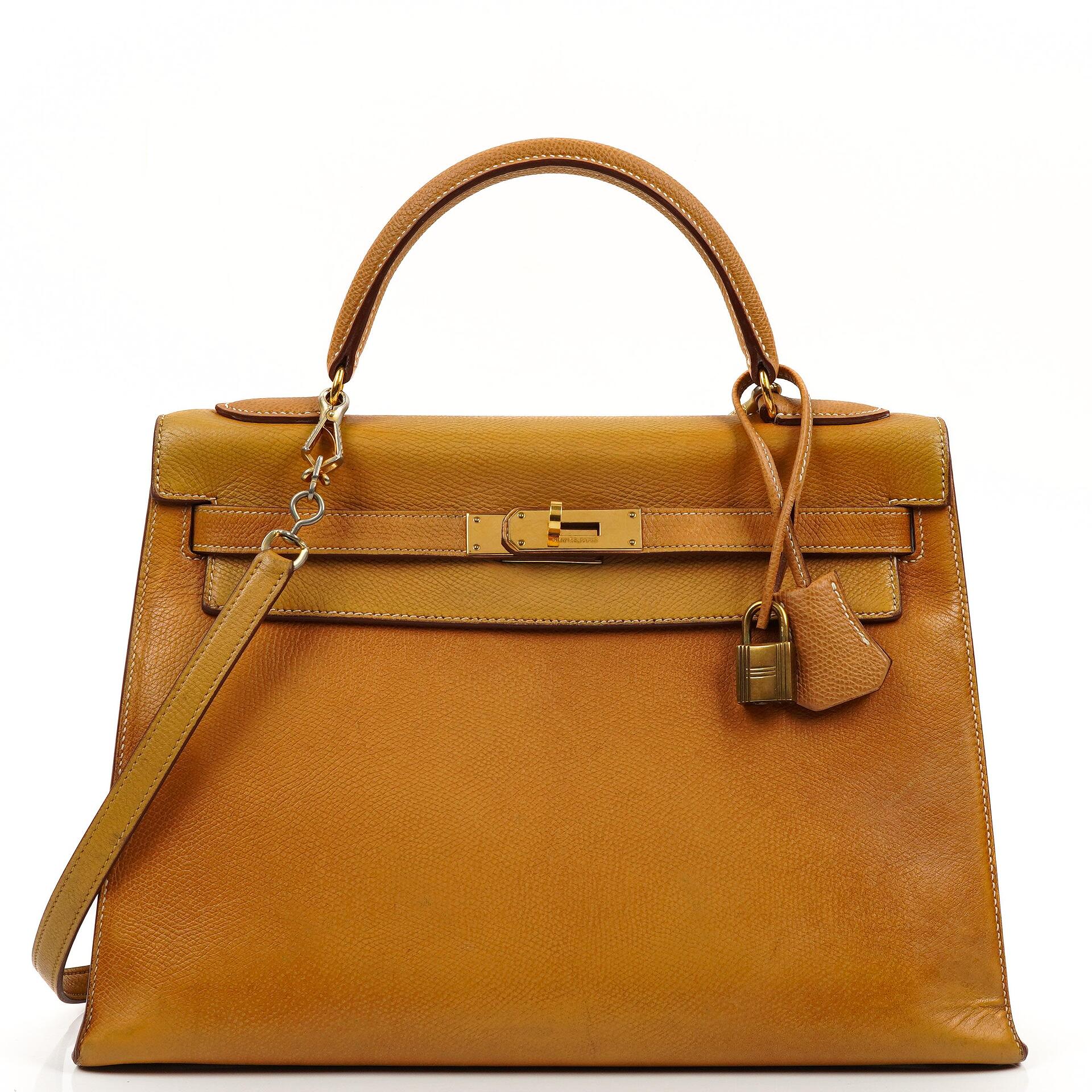 Hermes Kelly 32 Vintage Sellier Gold Courchevel Leather With Gold Hardware, 1981