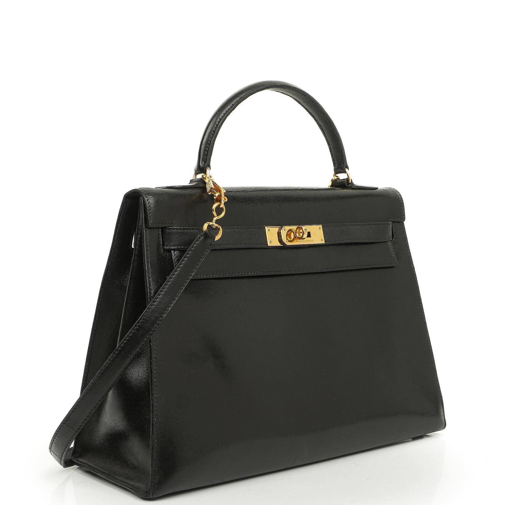 Hermes Kelly 32 Vintage Sellier Black Box Calf With Gold Hardware, 1987