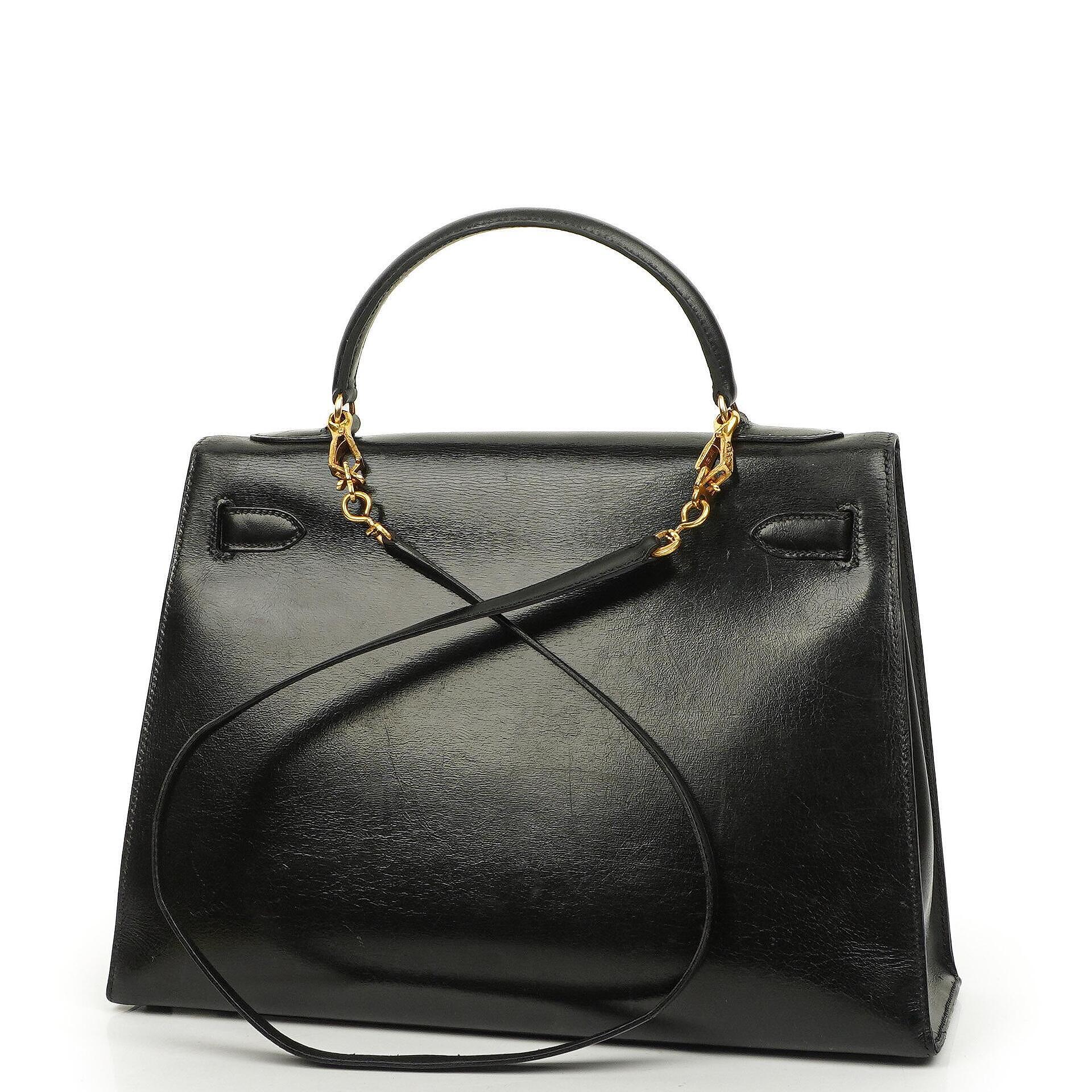 Hermes Kelly 32 Vintage Sellier Black Box Calf With Gold Hardware, 1987