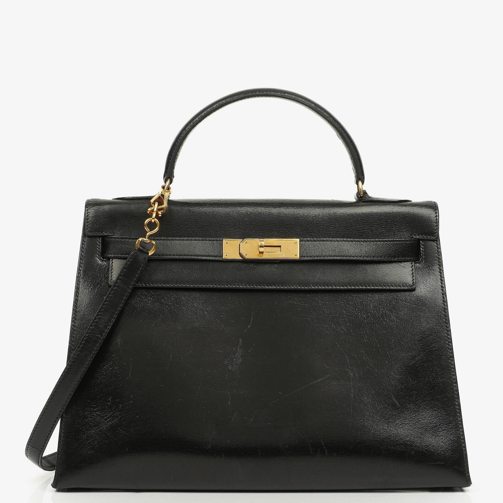 Hermes Kelly 32 Vintage Sellier Black Box Calf With Gold Hardware, 1987