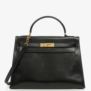 Hermes Kelly 32 Vintage Sellier Black Box Calf With Gold Hardware, 1987