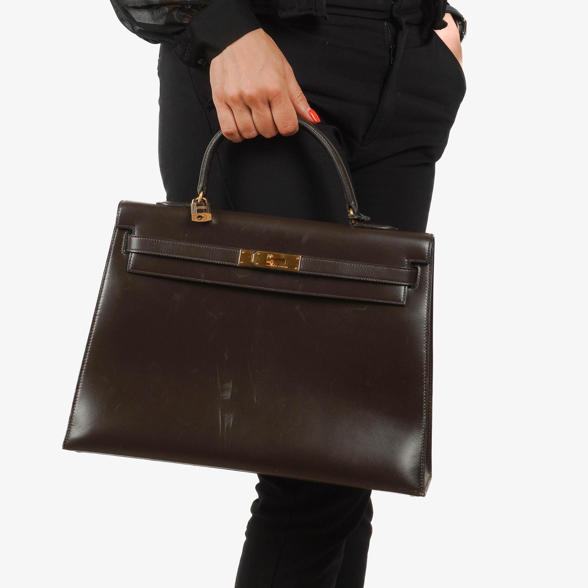 Hermès Kelly 35 Sellier In Brown Box Calf Leather And Gold Hardware