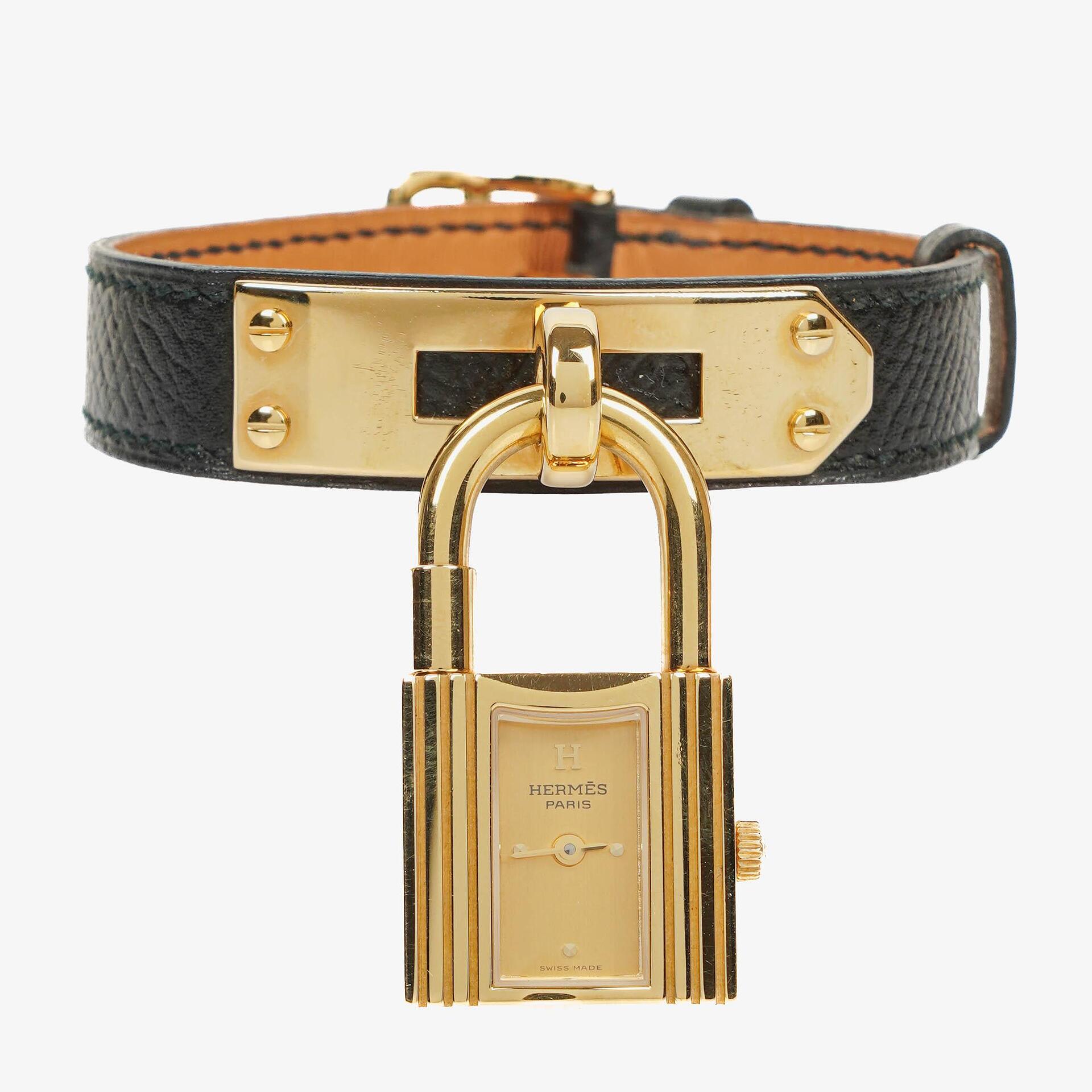 Hermes Kelly Noir Courchevel Leather Gold Plated Watch