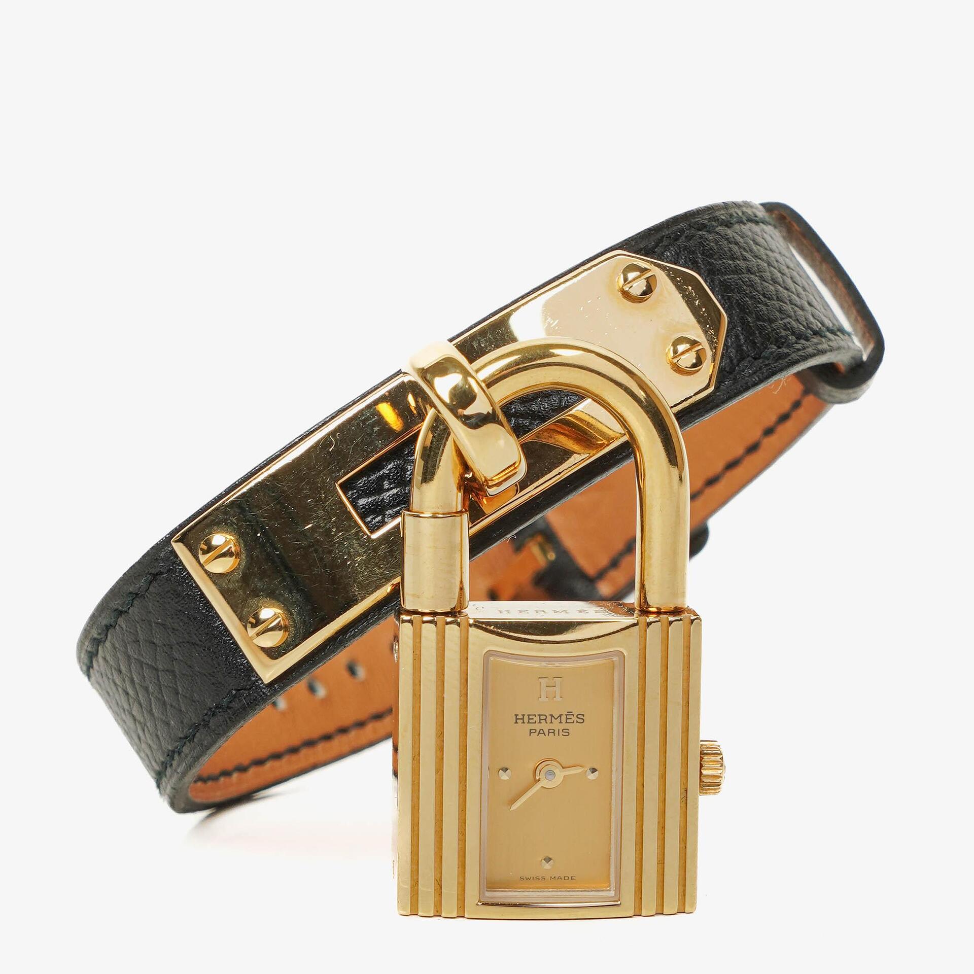 Hermes Kelly Noir Courchevel Leather Gold Plated Watch