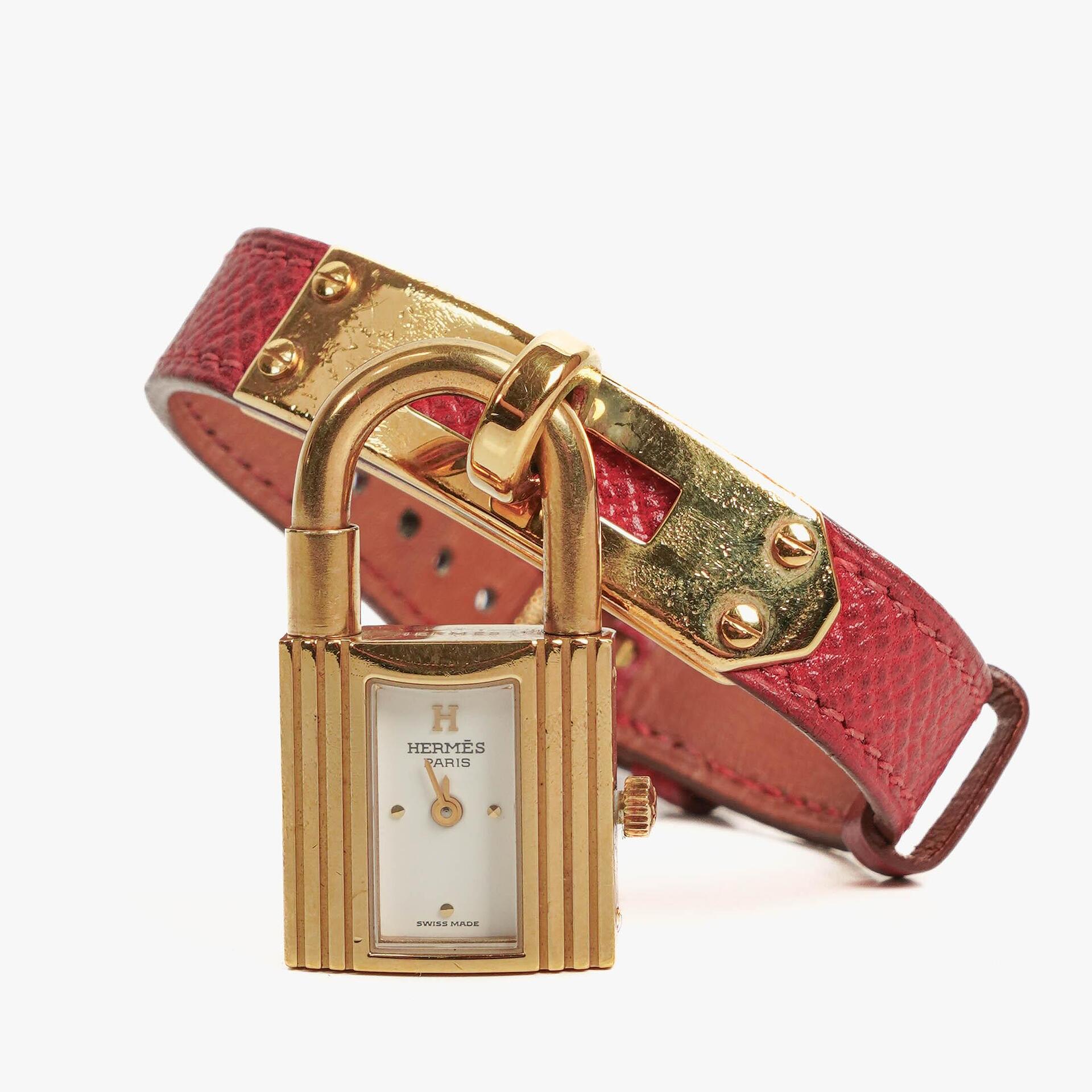 Hermes Kelly Rouge Courchevel Leather Gold Plated Watch