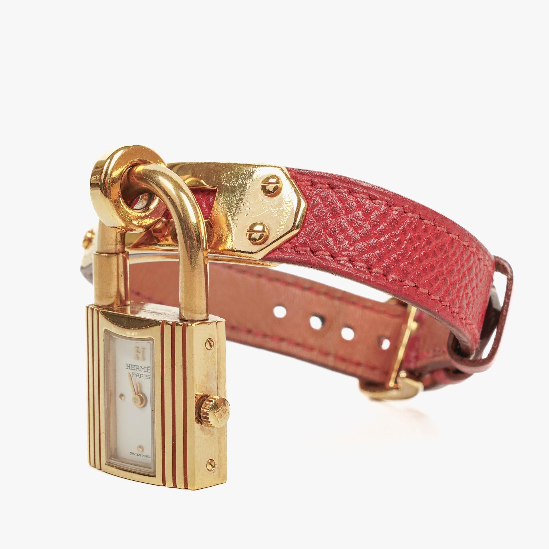 Hermes Kelly Rouge Courchevel Leather Gold Plated Watch