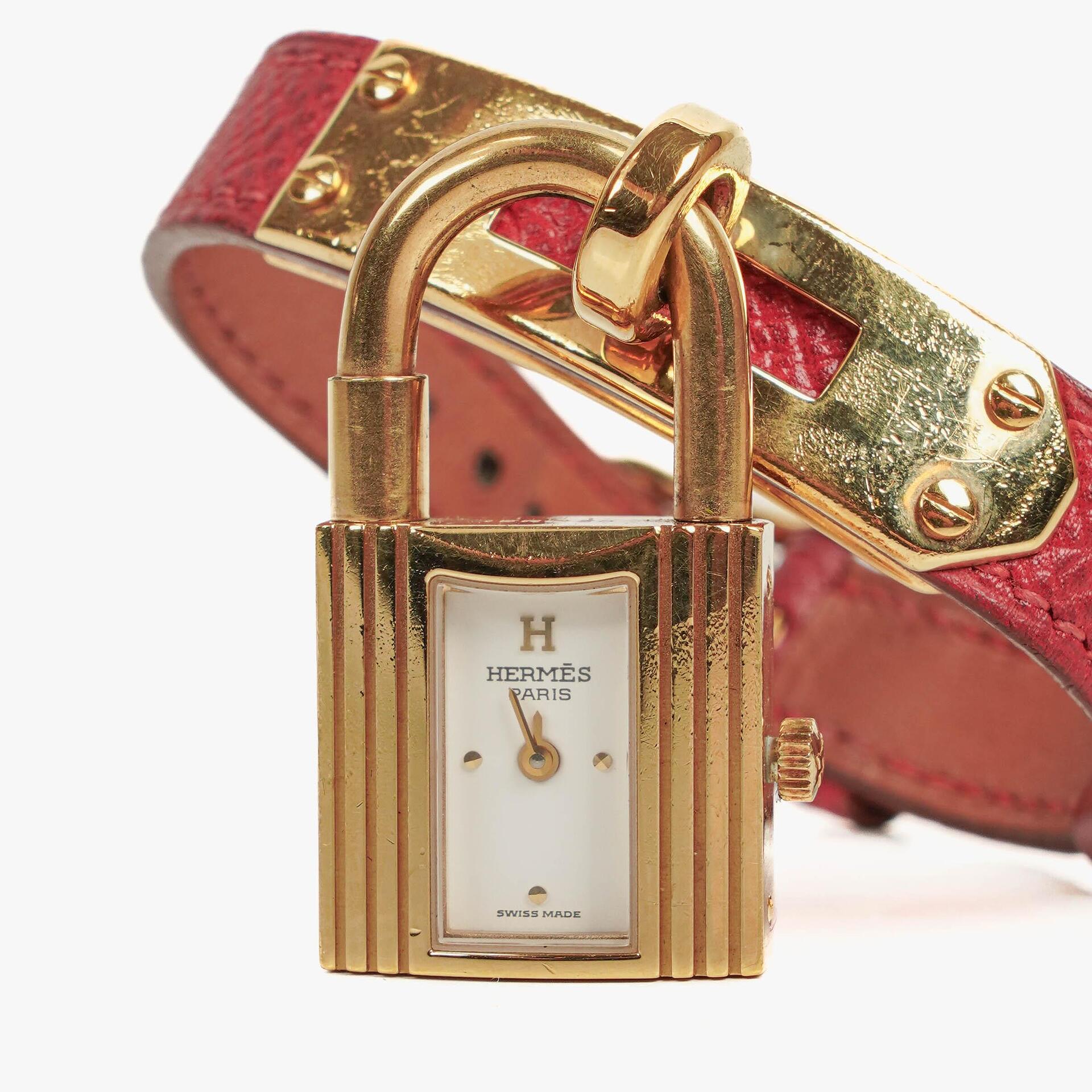 Hermes Kelly Rouge Courchevel Leather Gold Plated Watch