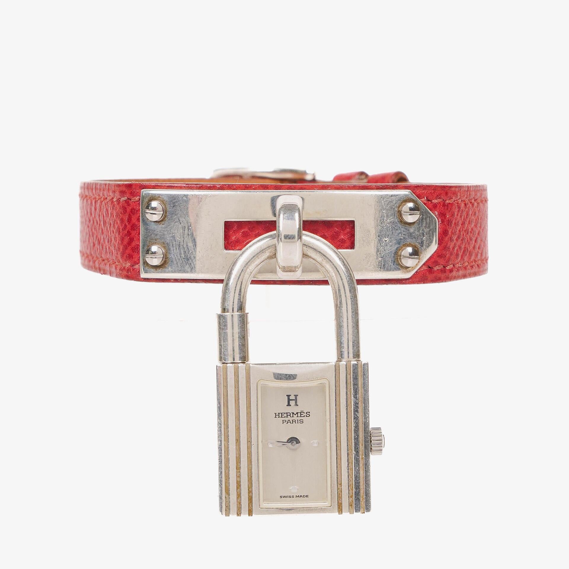 Hermes Kelly Rouge Courchevel Leather Silver-Tone Watch