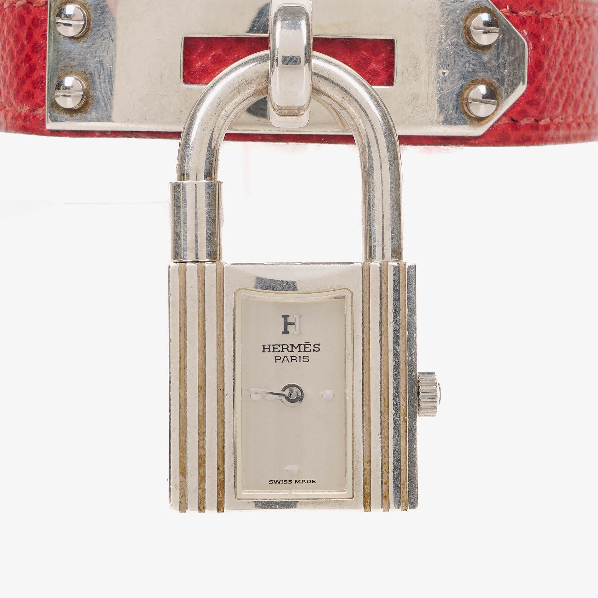 Hermes Kelly Rouge Courchevel Leather Silver-Tone Watch