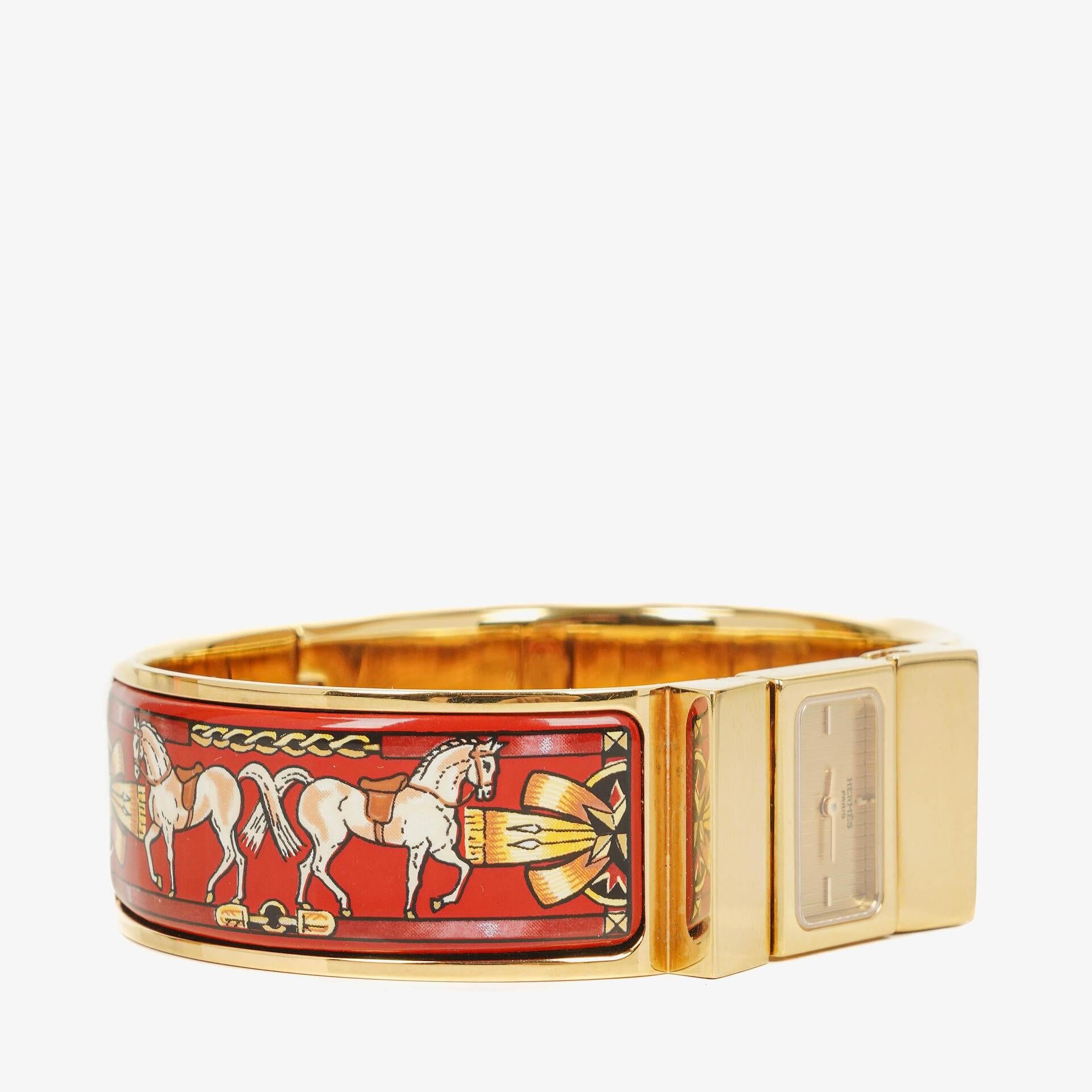Hermes Red Equestrian Enamel and Gold Plated Loquet Bangle Quartz Watch L01.200