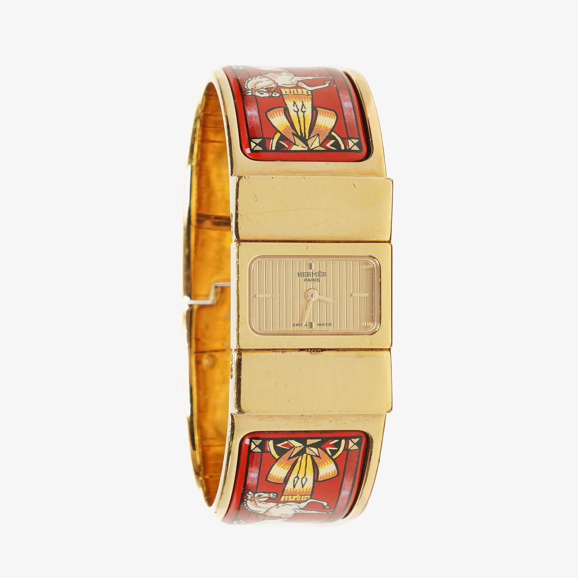 Hermes Red Equestrian Enamel and Gold Plated Loquet Bangle Quartz Watch L01.201