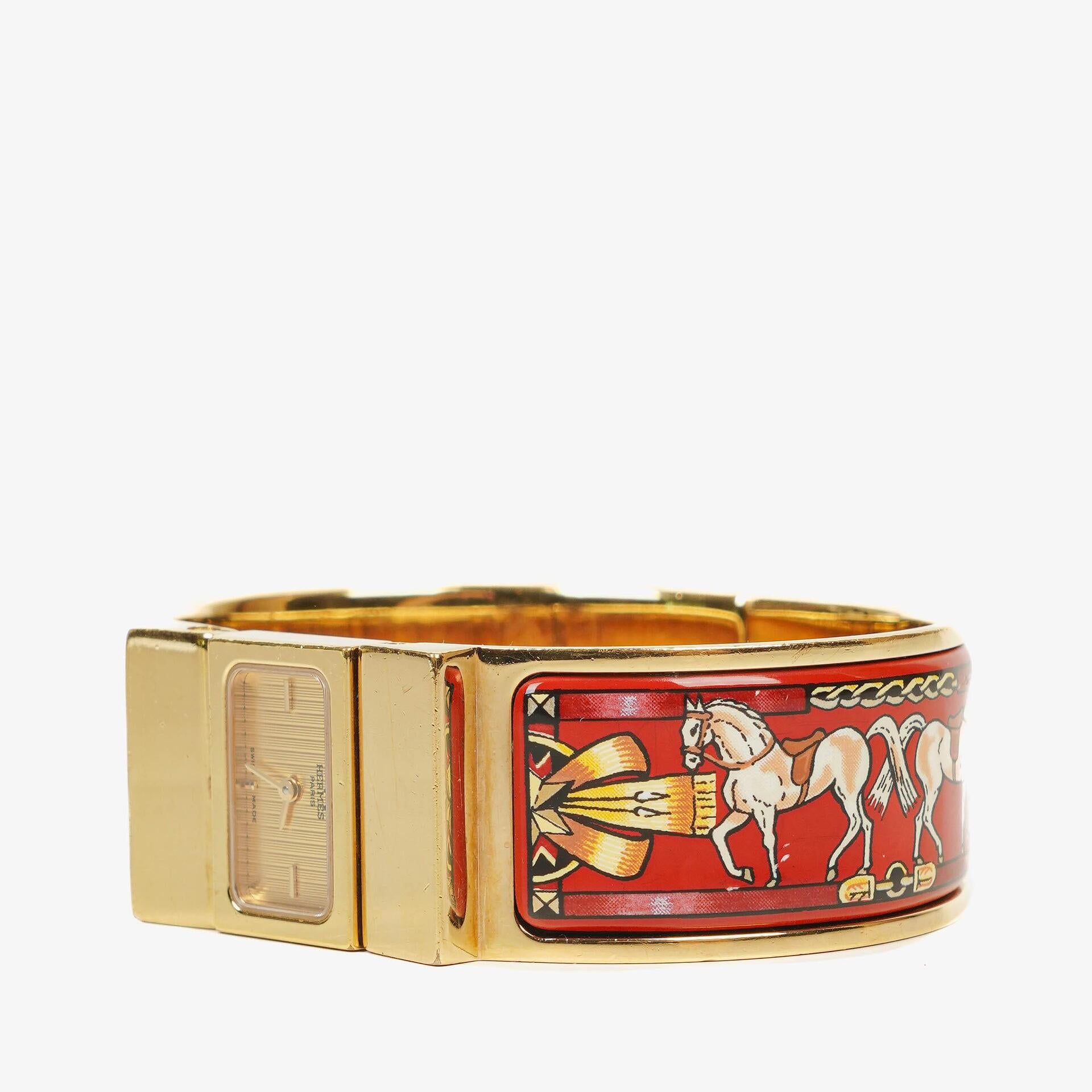 Hermes Red Equestrian Enamel and Gold Plated Loquet Bangle Quartz Watch L01.201