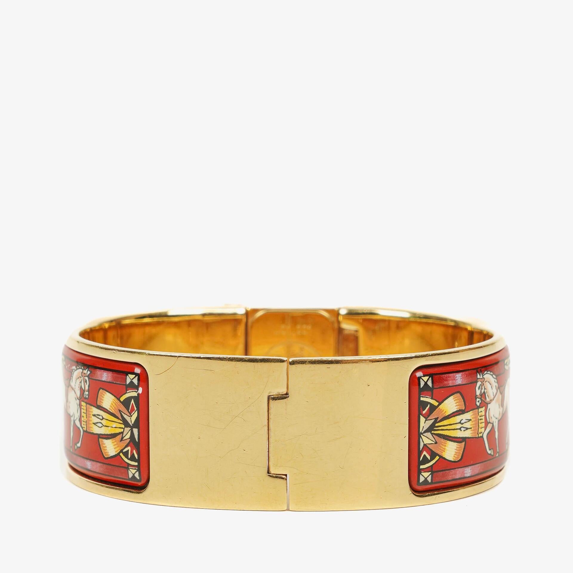 Hermes Red Equestrian Enamel and Gold Plated Loquet Bangle Quartz Watch L01.201