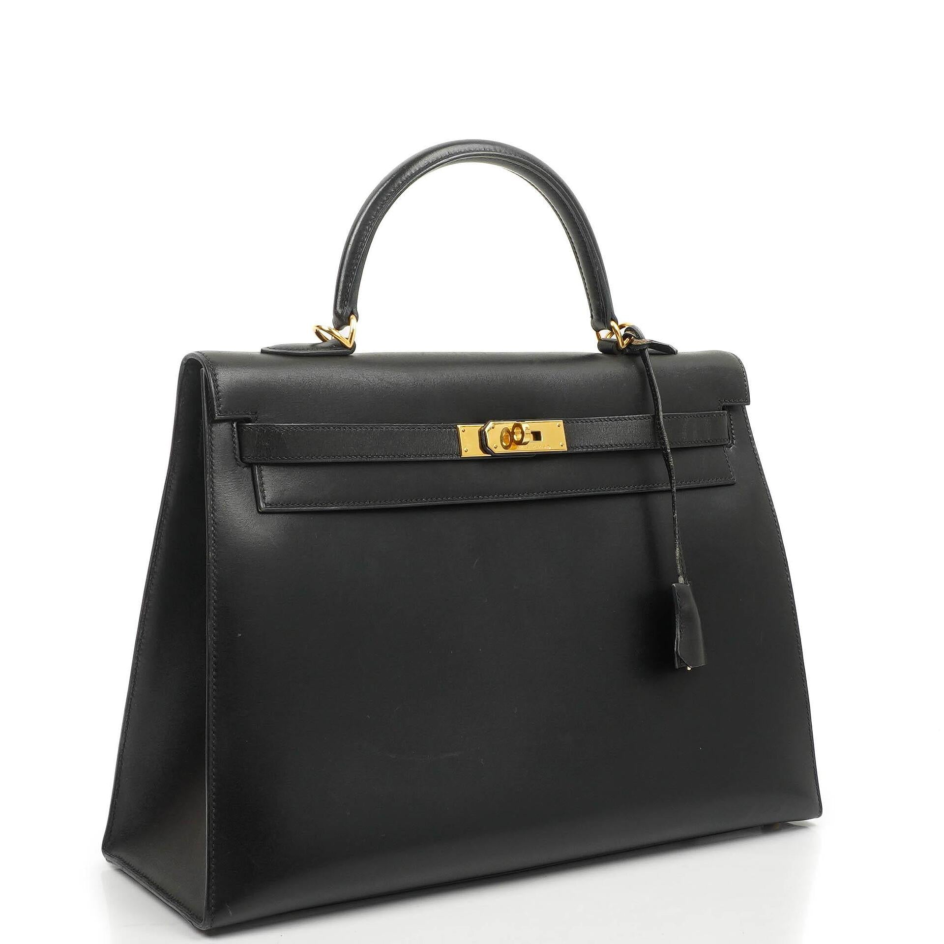 Hermès Vintage Kelly 35 Sellier Black Box Calf Gold Hardware