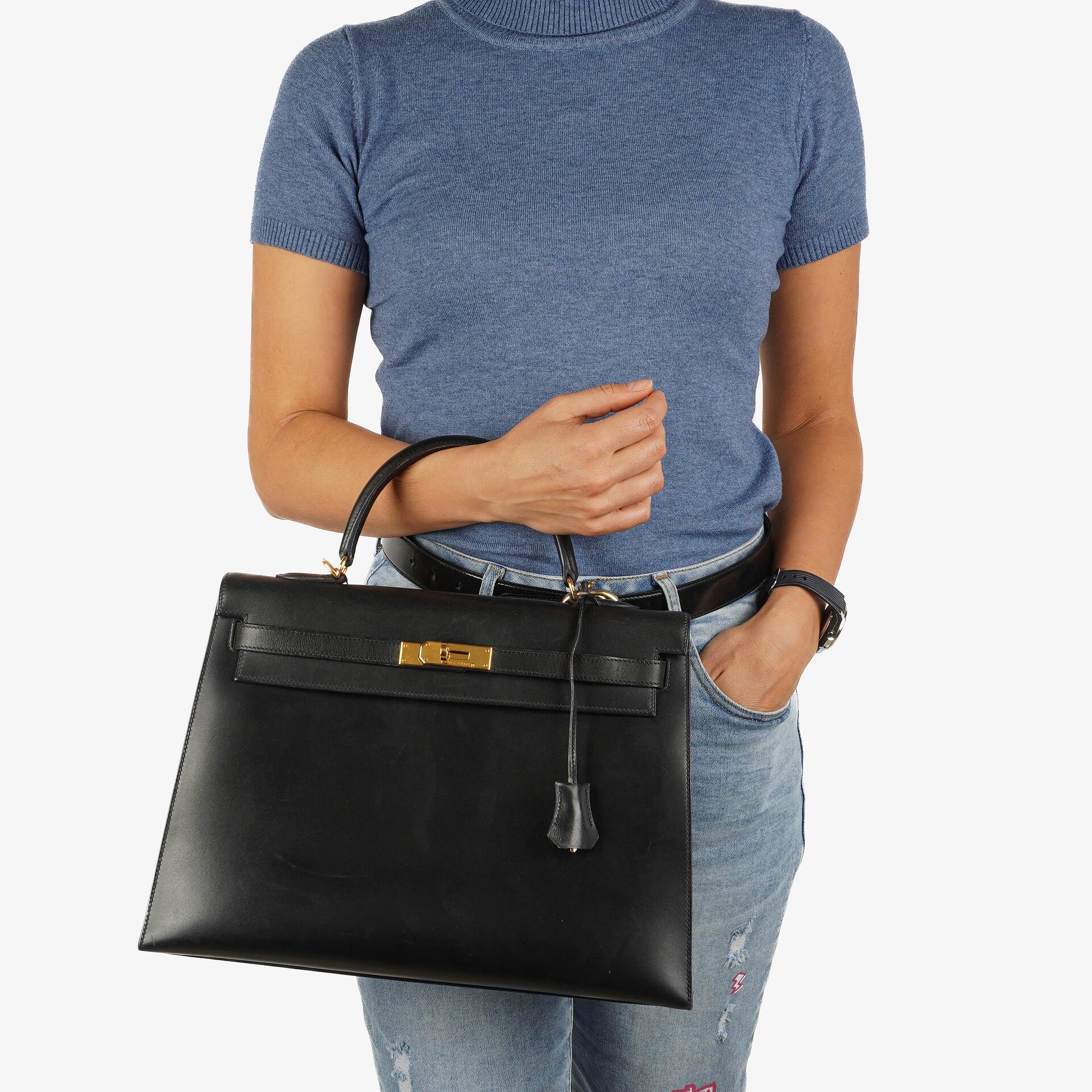 Hermès Vintage Kelly 35 Sellier Black Box Calf Gold Hardware
