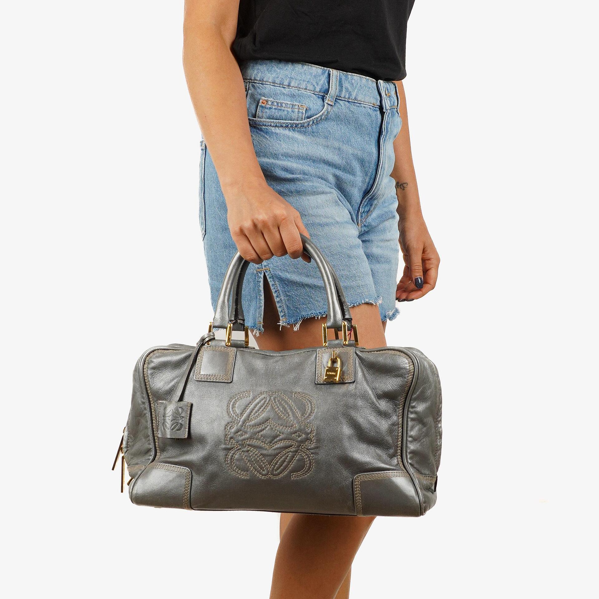 Loewe Amazona 35 Anagram Grey Metallic Calfskin Handbag