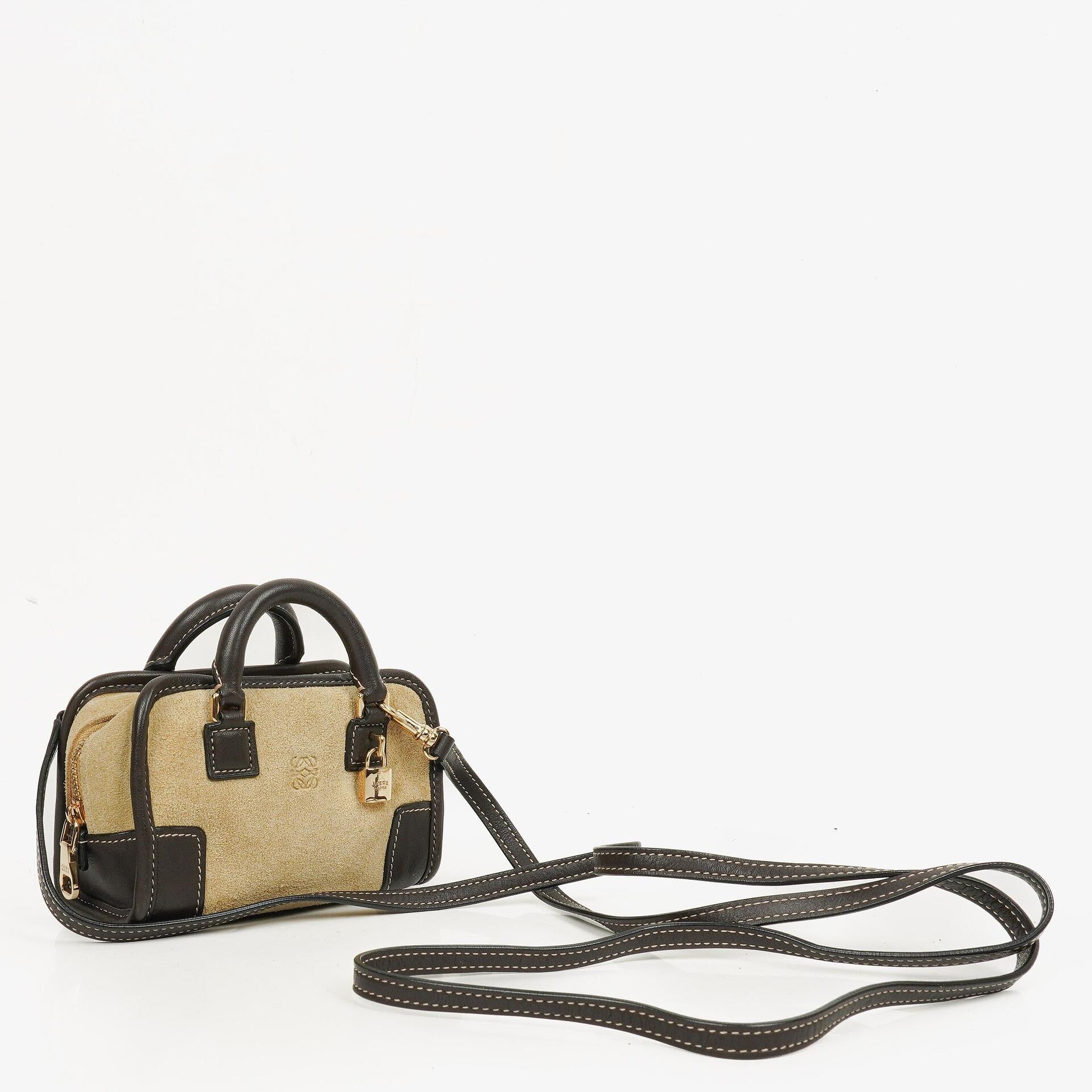 Loewe Micro Amazona In Beige Suede And Dark Brown Leather Mini Bag