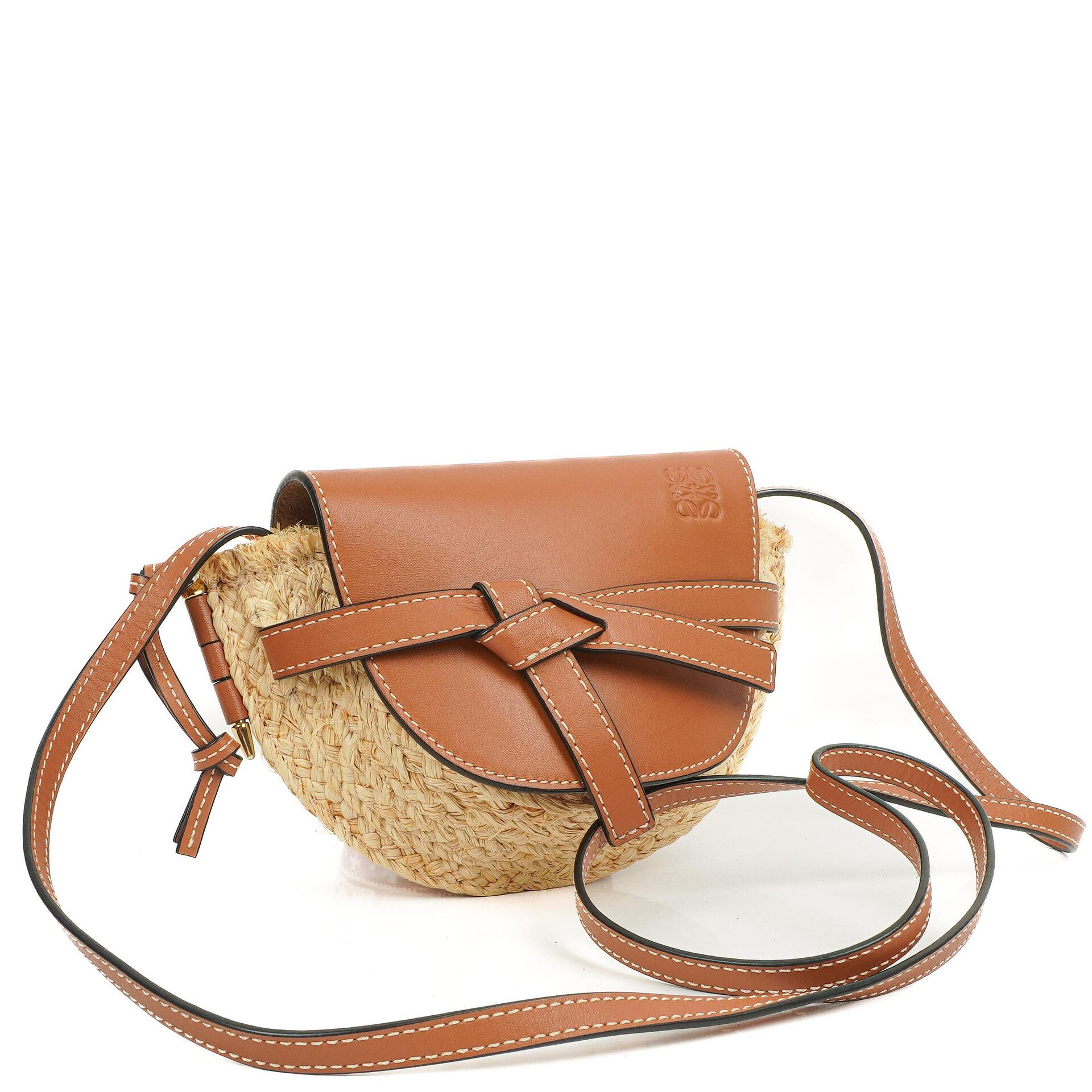 Loewe Natural Tan Calfskin Raffia Mini Gate Crossbody Bag