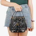 MCM Black Calfskin Quilted Studded Bucket Bag