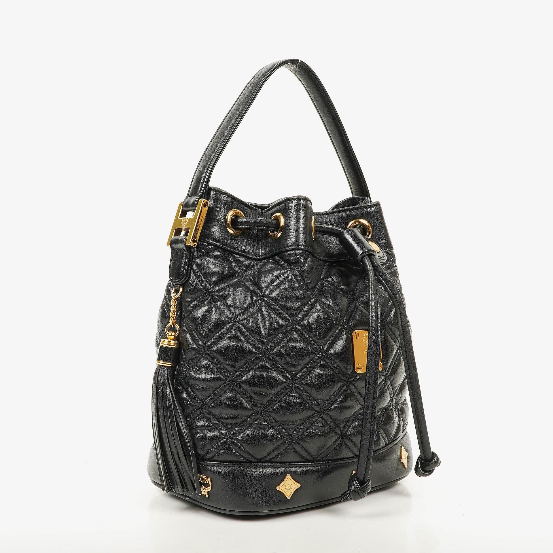 MCM Black Calfskin Quilted Studded Bucket Bag