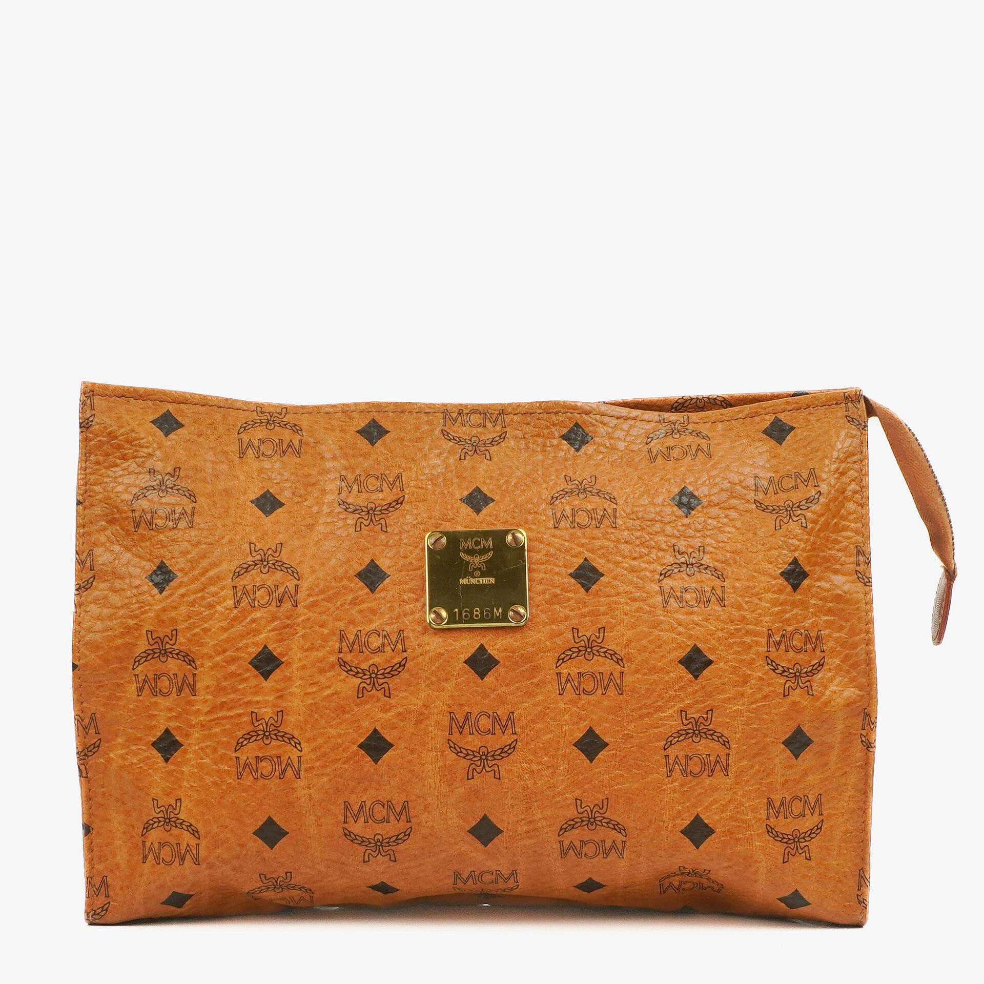 MCM Visetos Cognac Coated Canvas Pouch