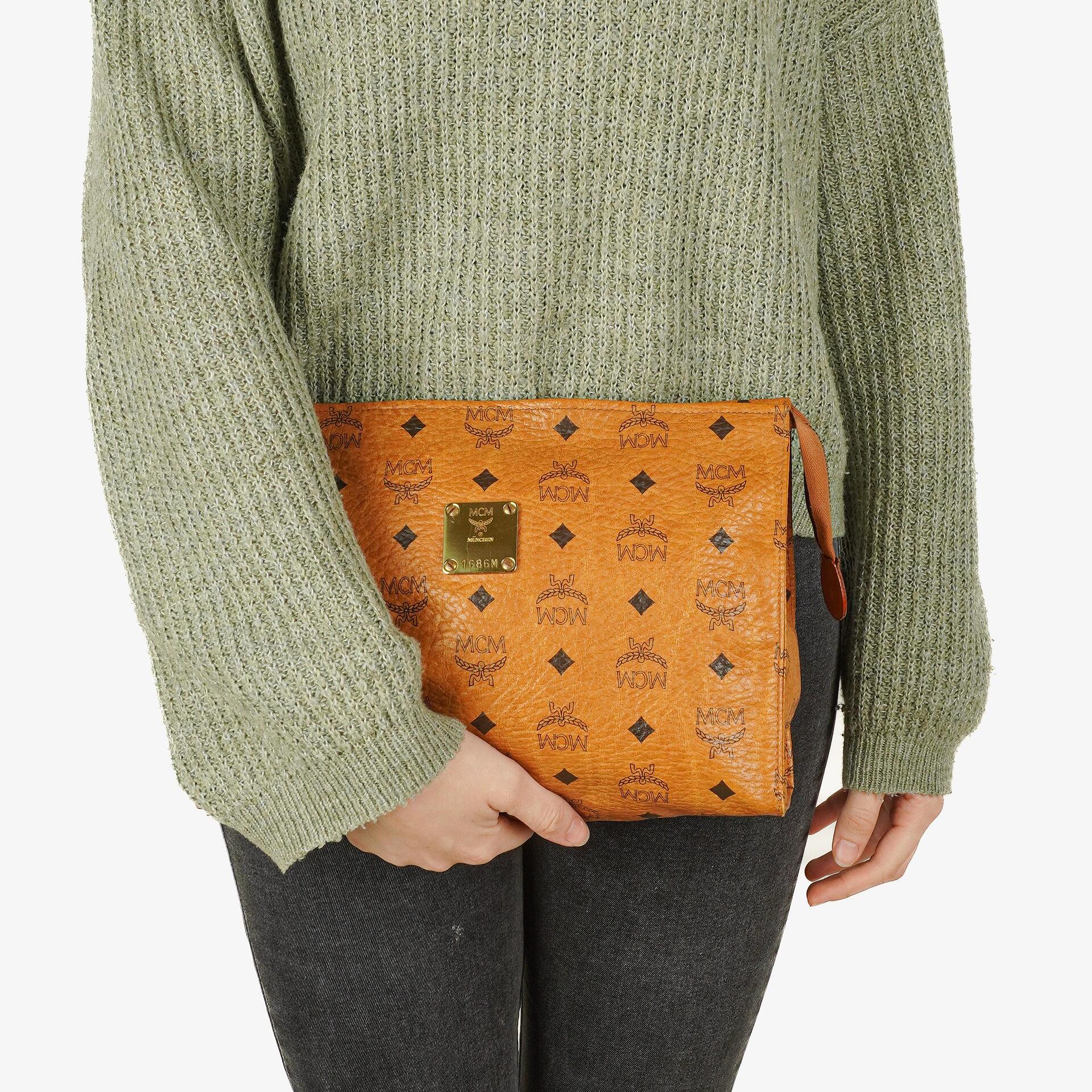 MCM Visetos Cognac Coated Canvas Pouch