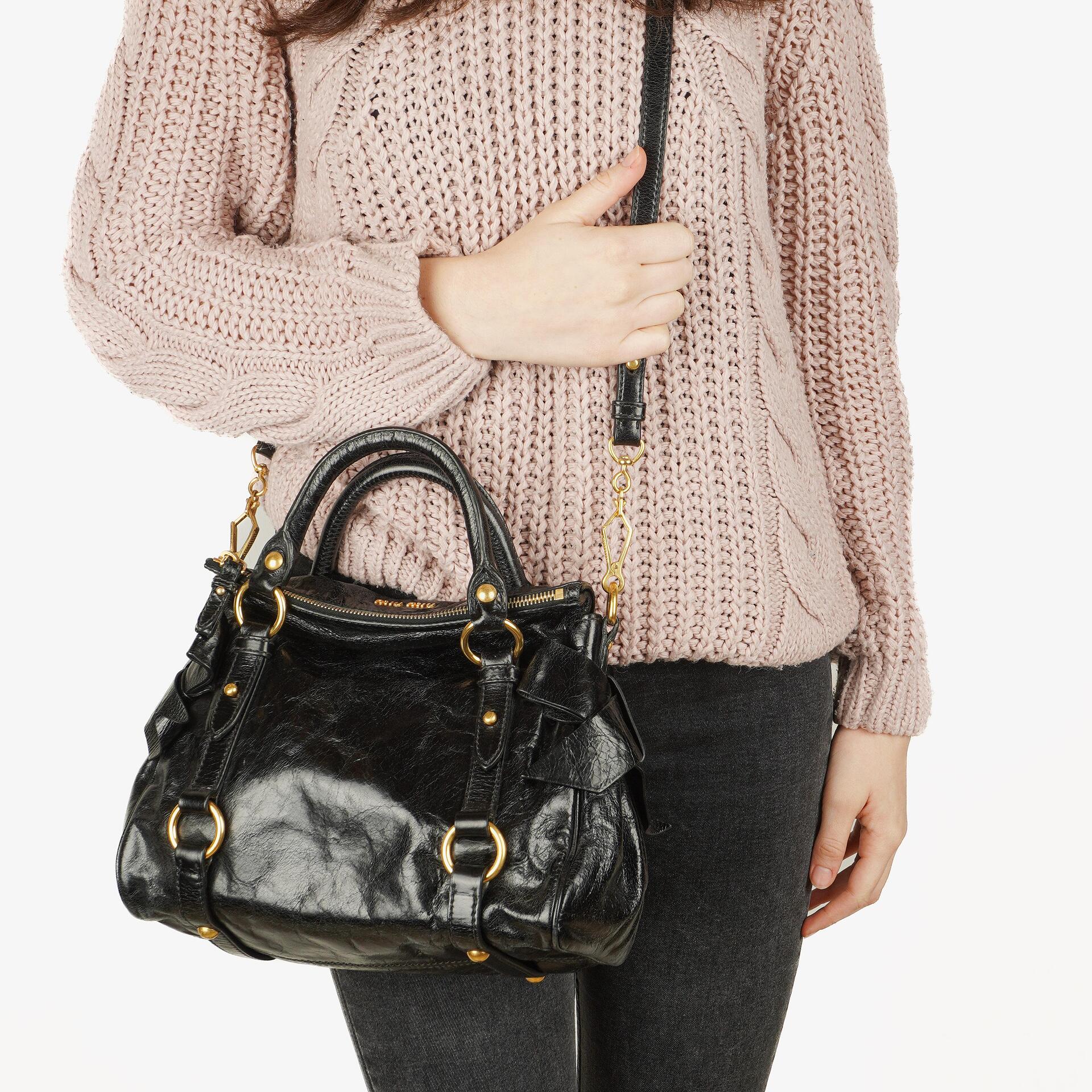 Miu Miu Small Vitello Shine Black Bow Satchel Bag