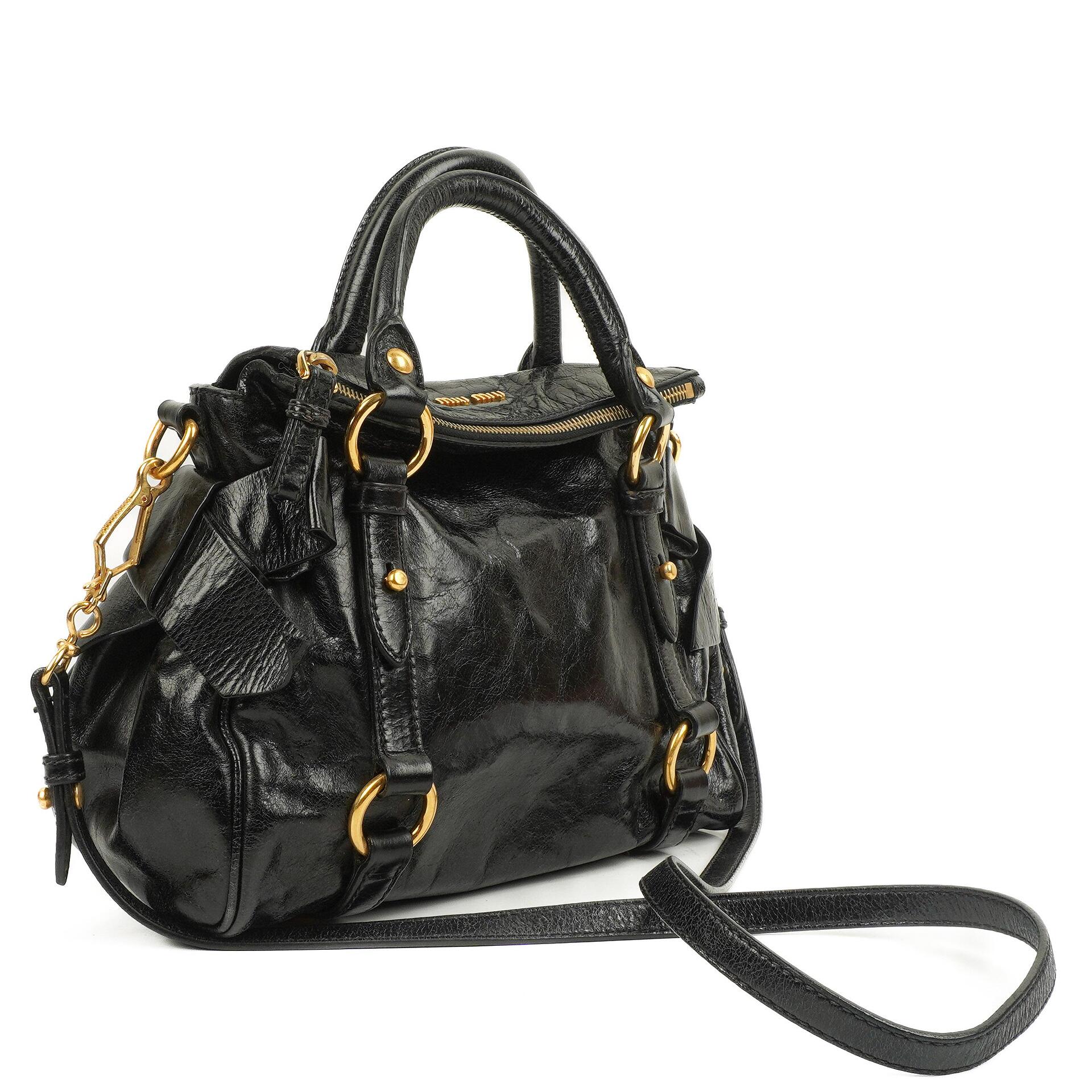 Miu Miu Small Vitello Shine Black Bow Satchel Bag