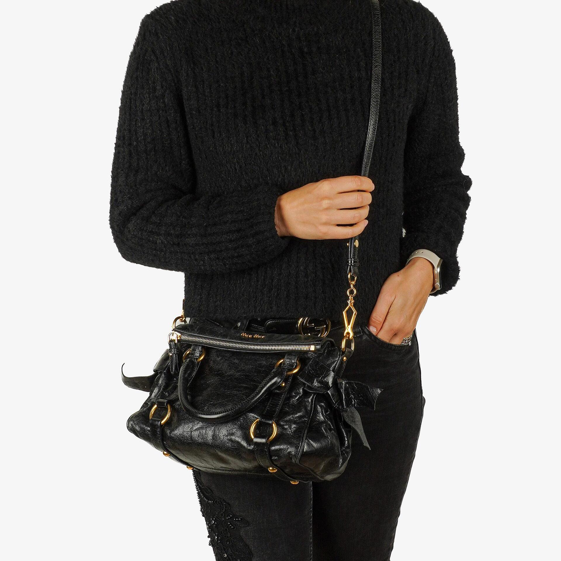 Pre-Owned Miu Miu Vitello Lux Black Mini Bow Satchel Bag – plamexs