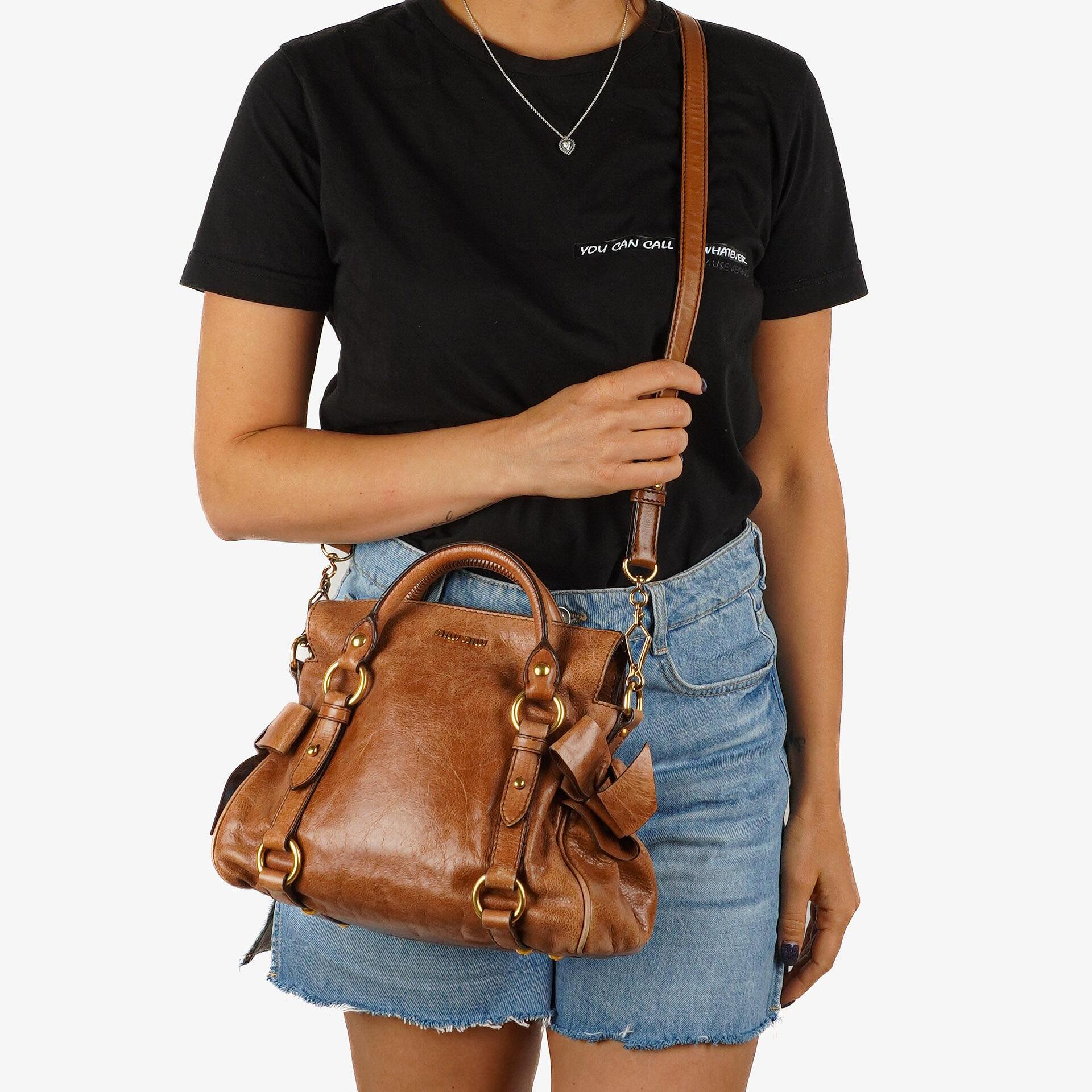 Miu Miu Vitello Lux Cognac Mini Bow Satchel Bag
