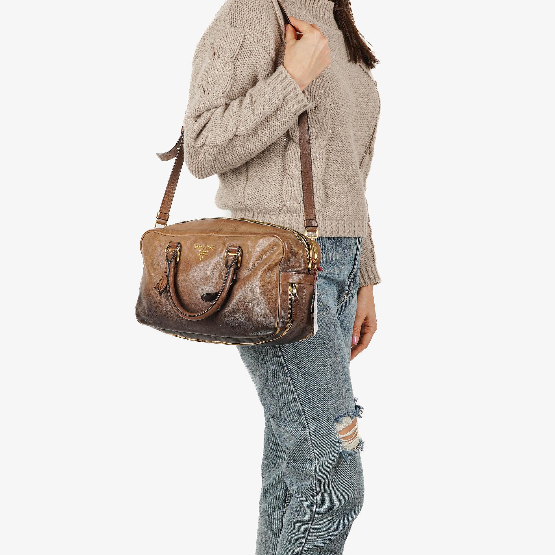 Prada Ardesia/Fumo Ombre Glace Leather Zippers Satchel Bag