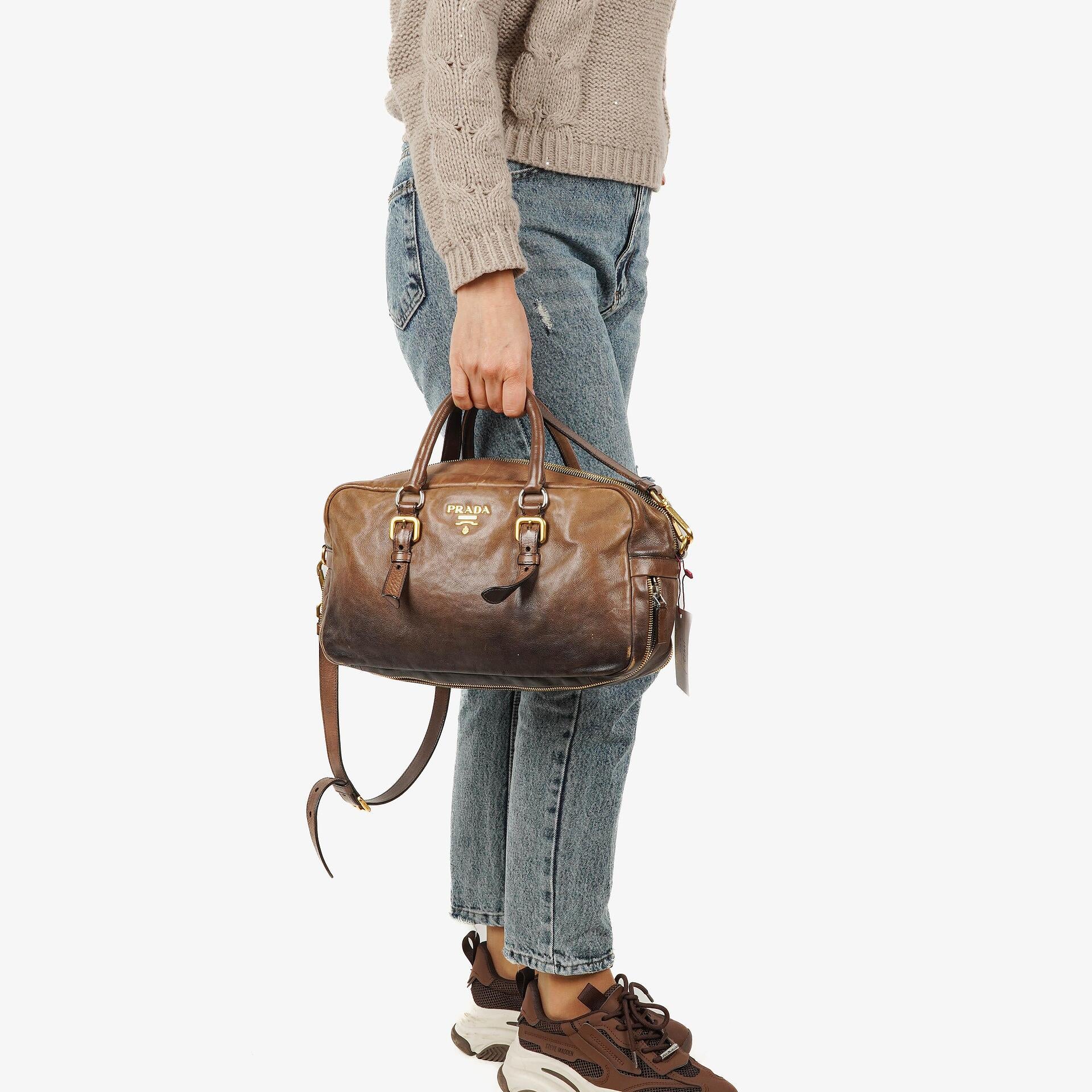 Prada Ardesia/Fumo Ombre Glace Leather Zippers Satchel Bag