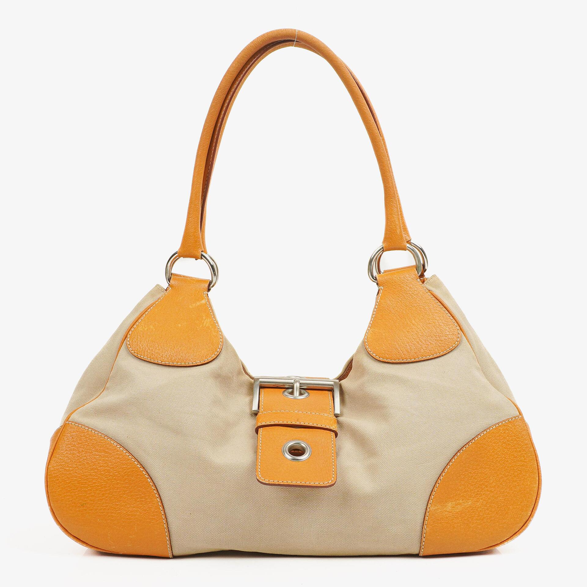 Prada Beige/Caramel Brown Canvas And Leather Shoulder Bag