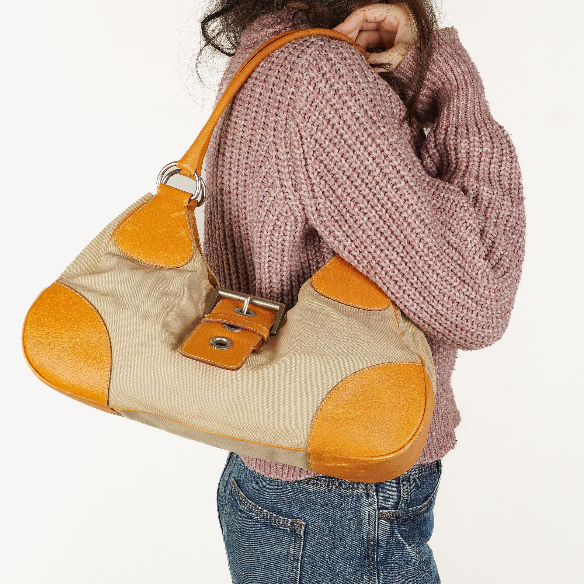 Prada Beige/Caramel Brown Canvas And Leather Shoulder Bag