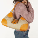 Prada Beige/Caramel Brown Canvas And Leather Shoulder Bag