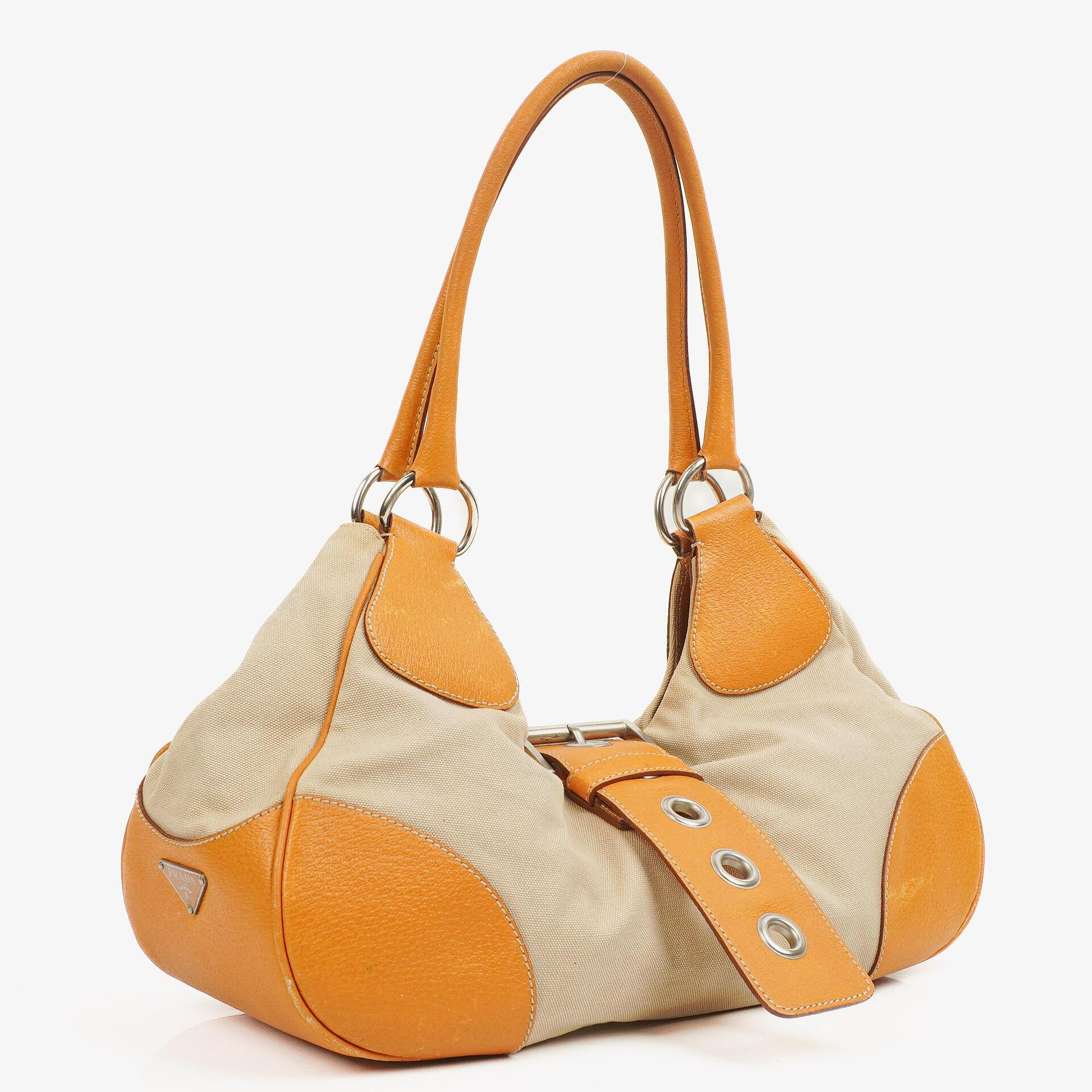 Prada Beige/Caramel Brown Canvas And Leather Shoulder Bag