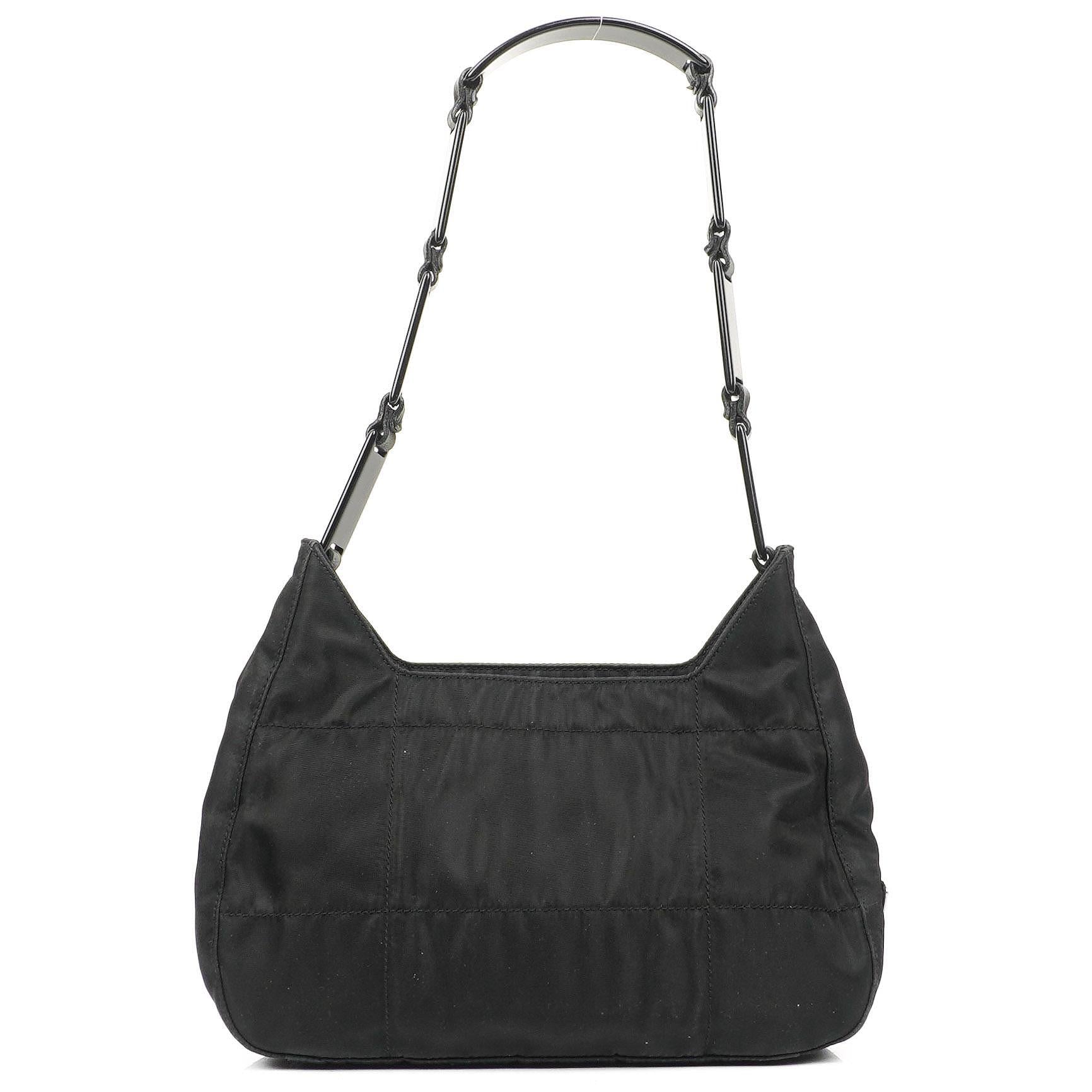 Prada Black Nylon Enameled Metal Triangle Top Handle Shoulder Bag