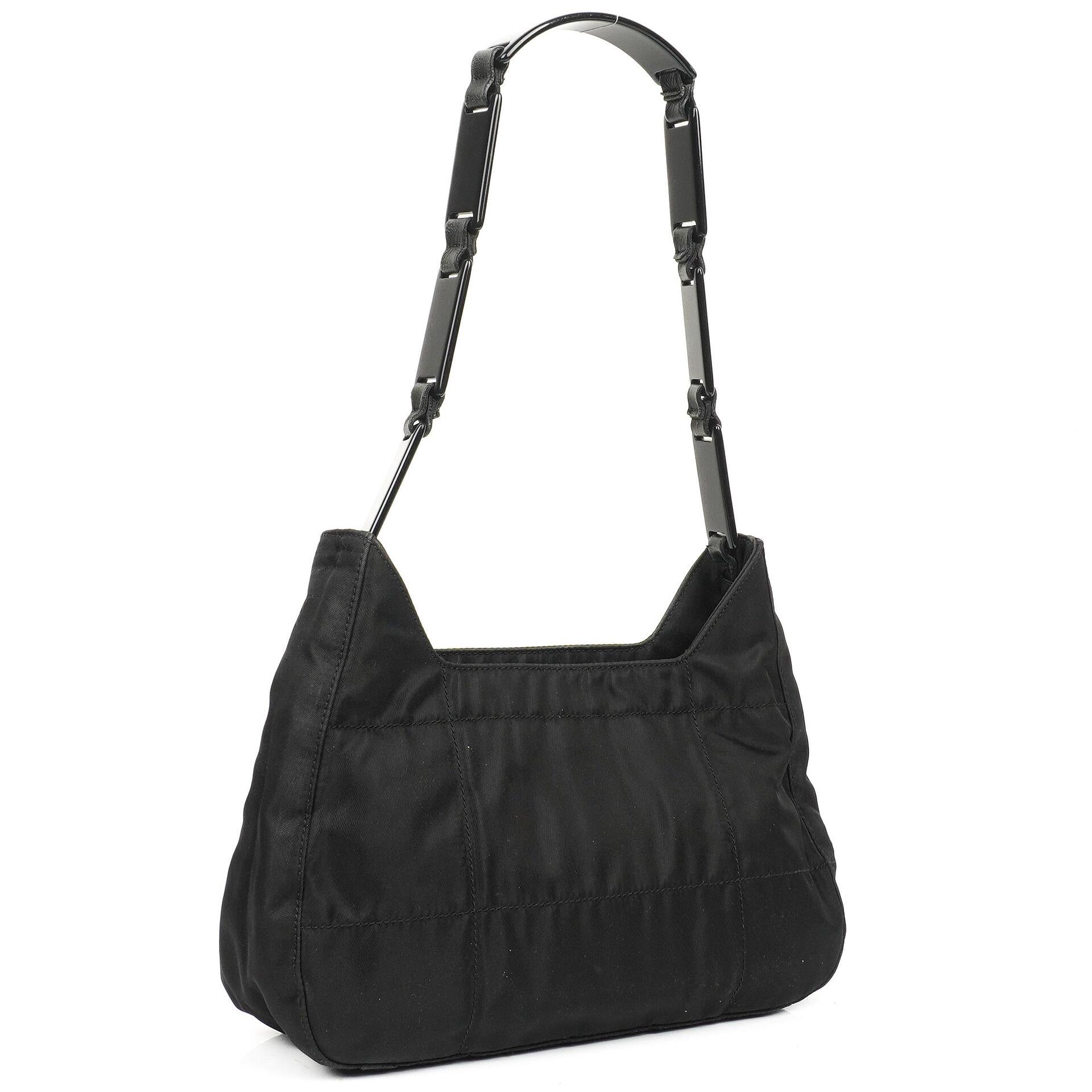 Prada Black Nylon Enameled Metal Triangle Top Handle Shoulder Bag