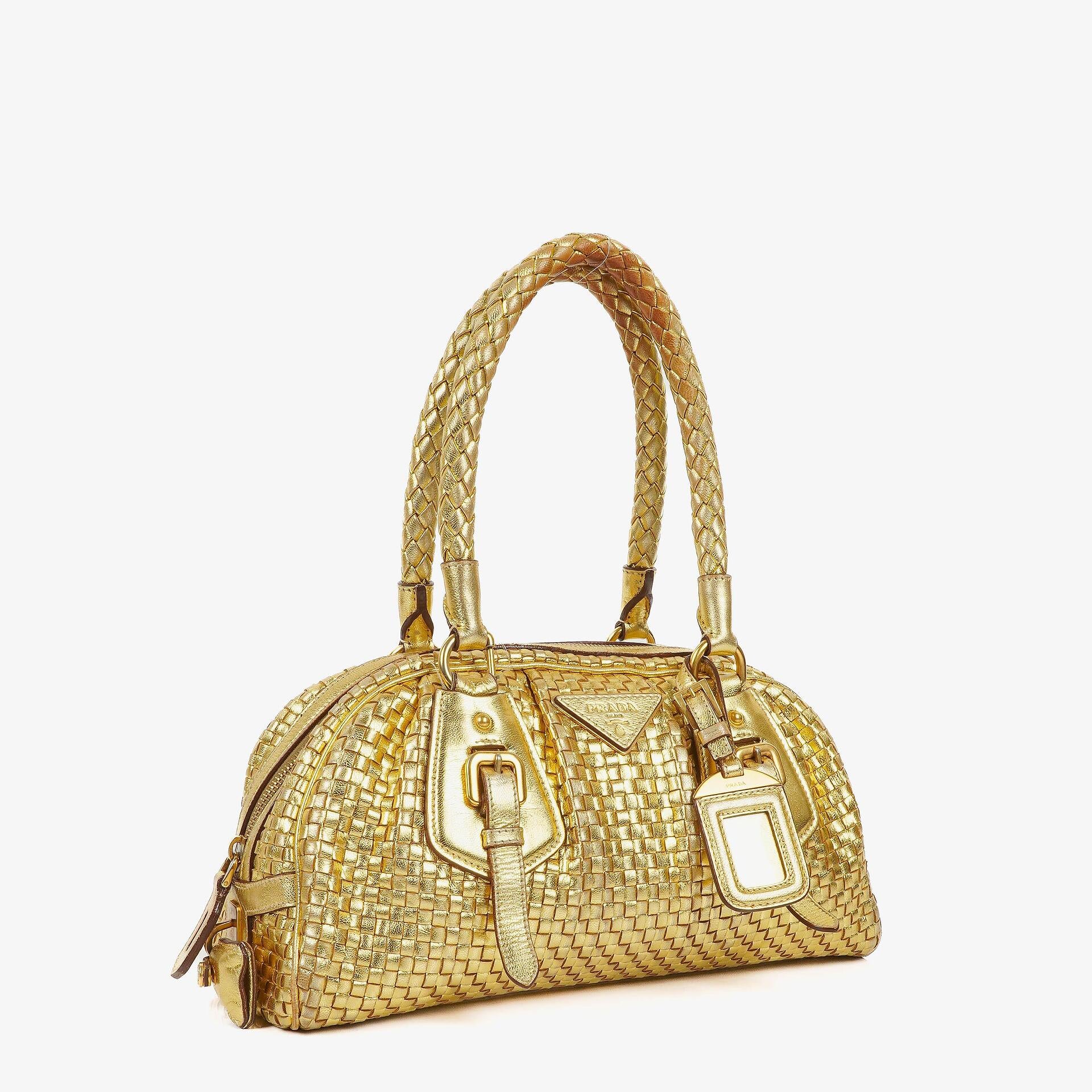 Prada Intreccio Madras Oro Leather Shoulder Bag