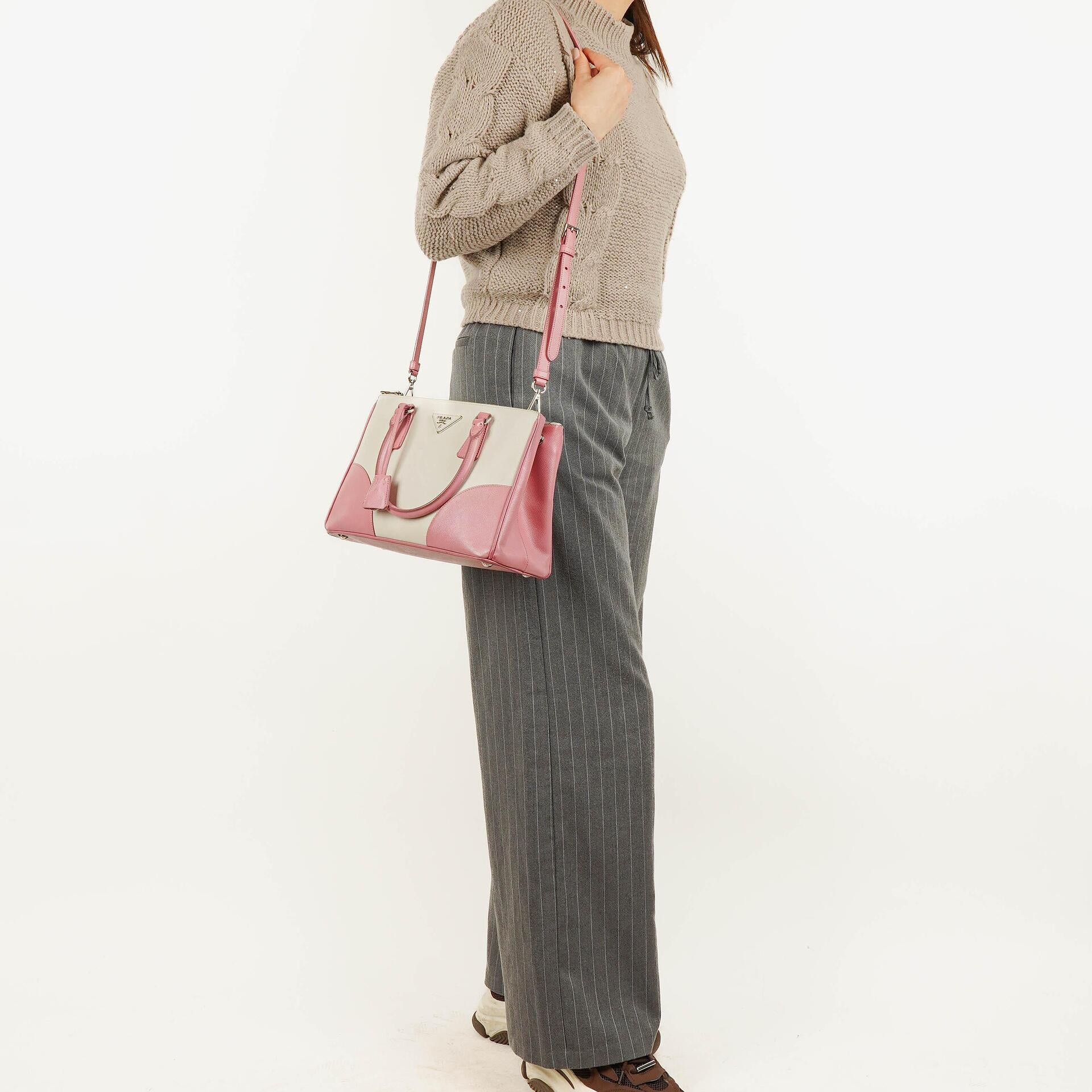 Prada Saffiano Lux Small Bi-Color White Begonia Galleria Double Zip Tote Bag