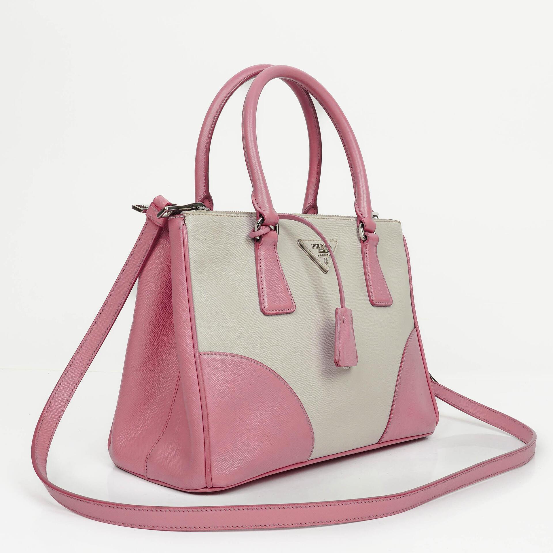 Prada Saffiano Lux Small Bi-Color White Begonia Galleria Double Zip Tote Bag