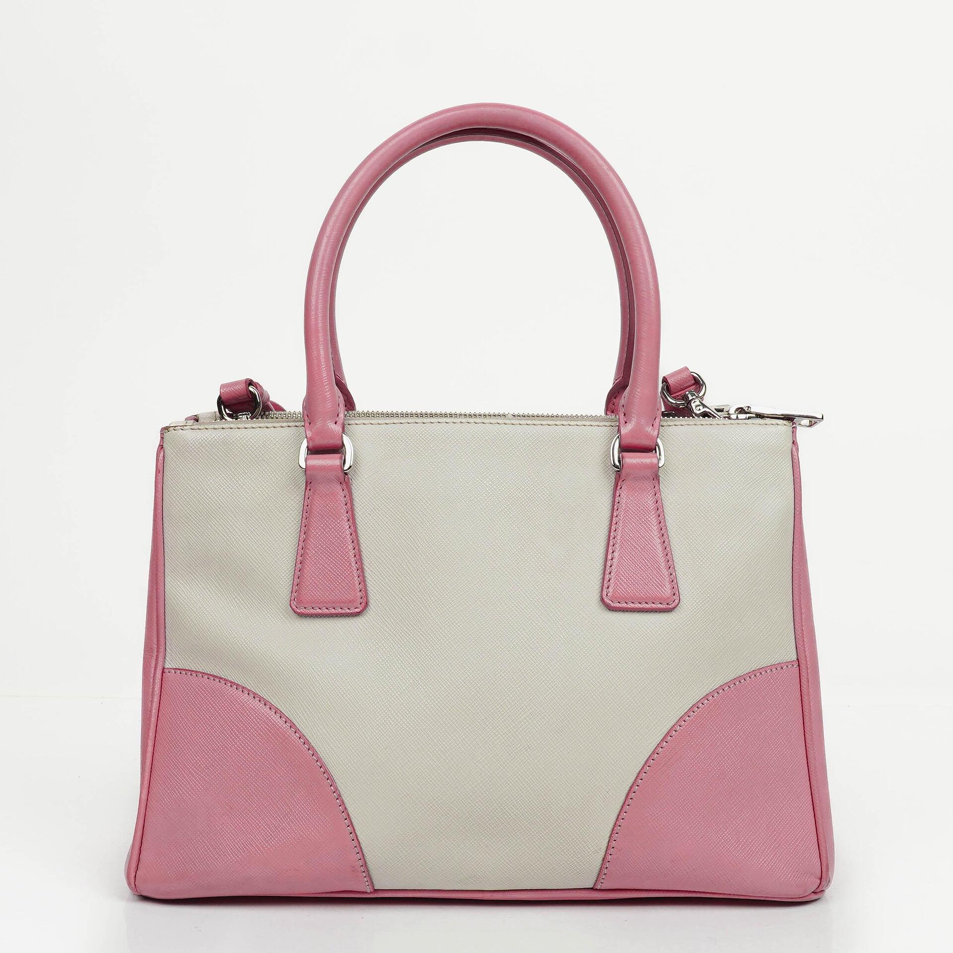 Prada Saffiano Lux Small Bi-Color White Begonia Galleria Double Zip Tote Bag