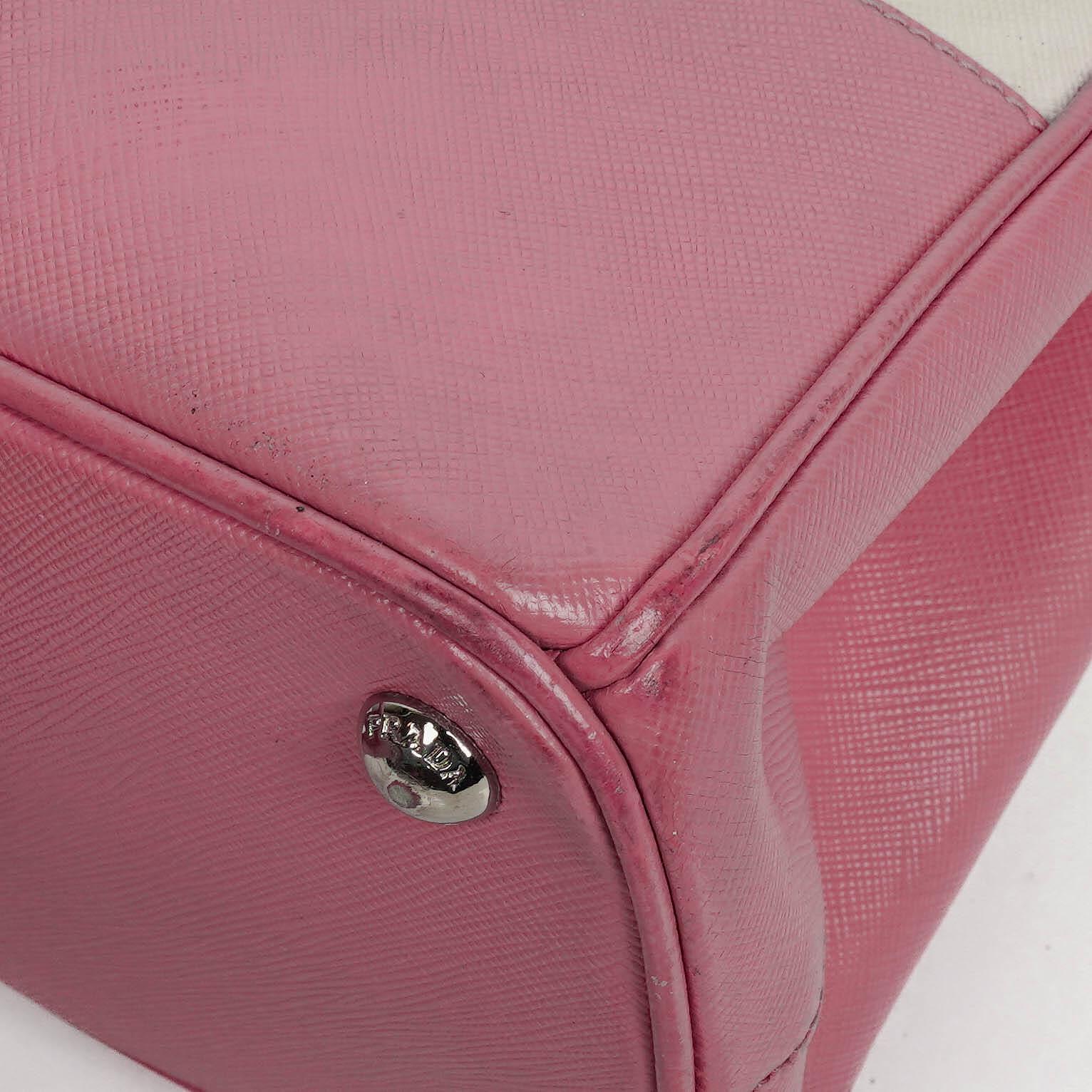 Prada Saffiano Lux Small Bi-Color White Begonia Galleria Double Zip Tote Bag