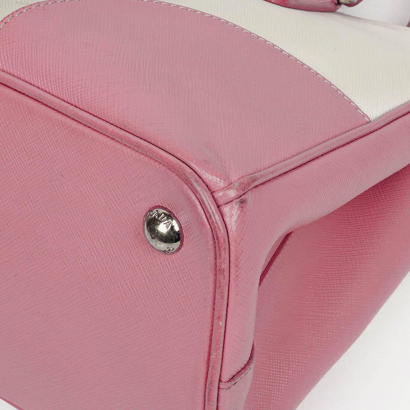 Prada Saffiano Lux Small Bi-Color White Begonia Galleria Double Zip Tote Bag