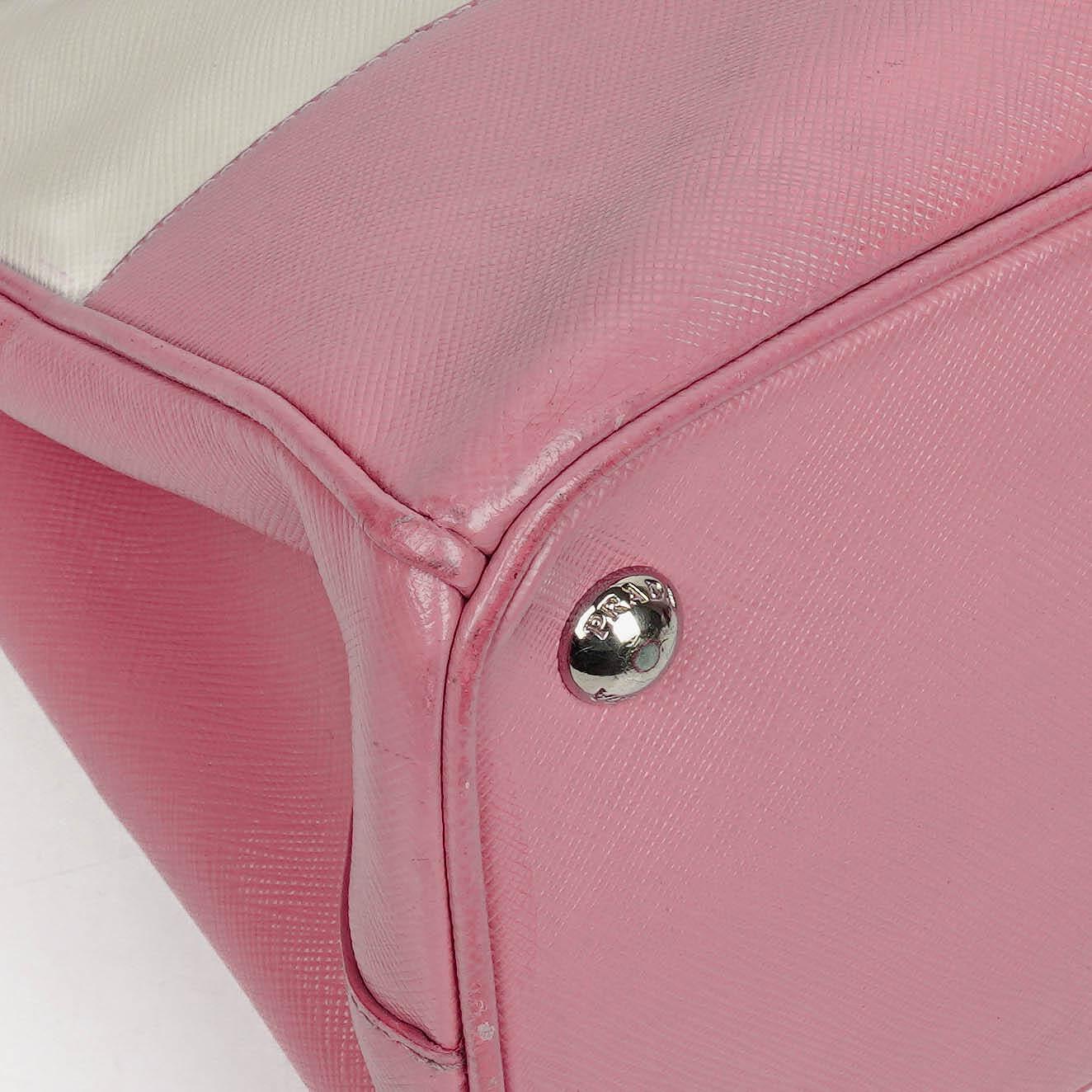 Prada Saffiano Lux Small Bi-Color White Begonia Galleria Double Zip Tote Bag