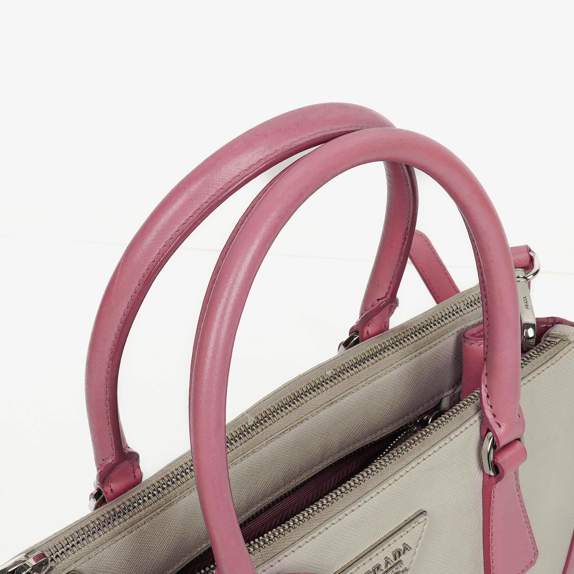 Prada Saffiano Lux Small Bi-Color White Begonia Galleria Double Zip Tote Bag