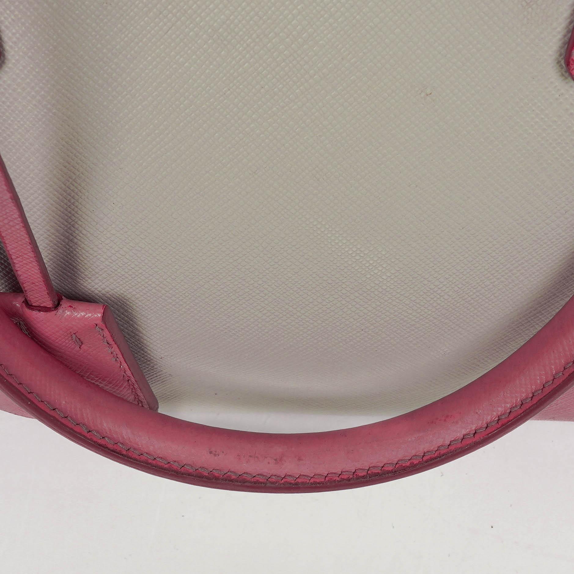 Prada Saffiano Lux Small Bi-Color White Begonia Galleria Double Zip Tote Bag