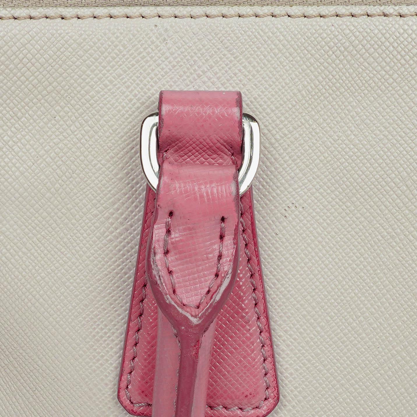 Prada Saffiano Lux Small Bi-Color White Begonia Galleria Double Zip Tote Bag
